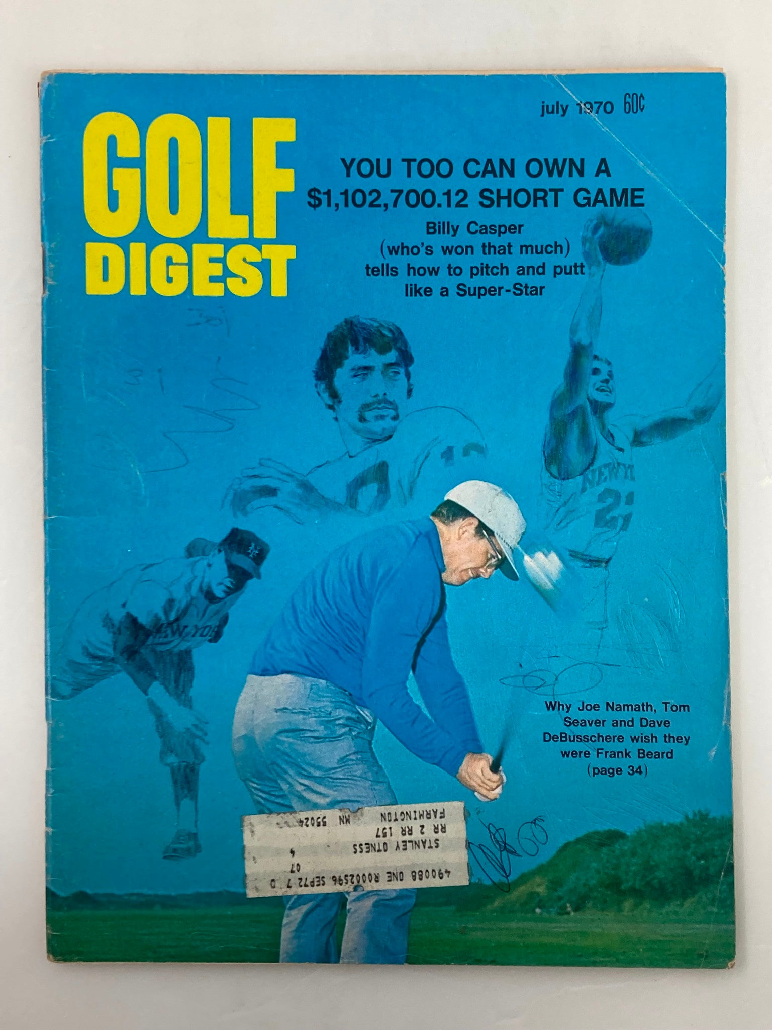 Cover of the Golf Digest Magazine July 1970 featuring Joe Namath, Tom Seaver, and Dave DeBusschere, showcasing sports themes and vibrant blue artwork.