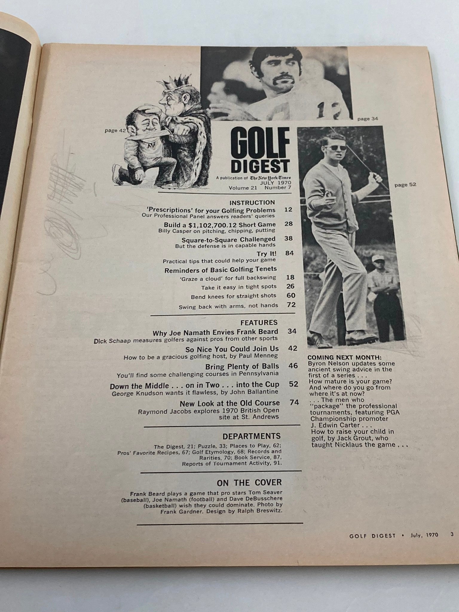 Interior page of the Golf Digest Magazine July 1970 displaying articles and features, including a section on Joe Namath's insights, alongside notable sports figures.