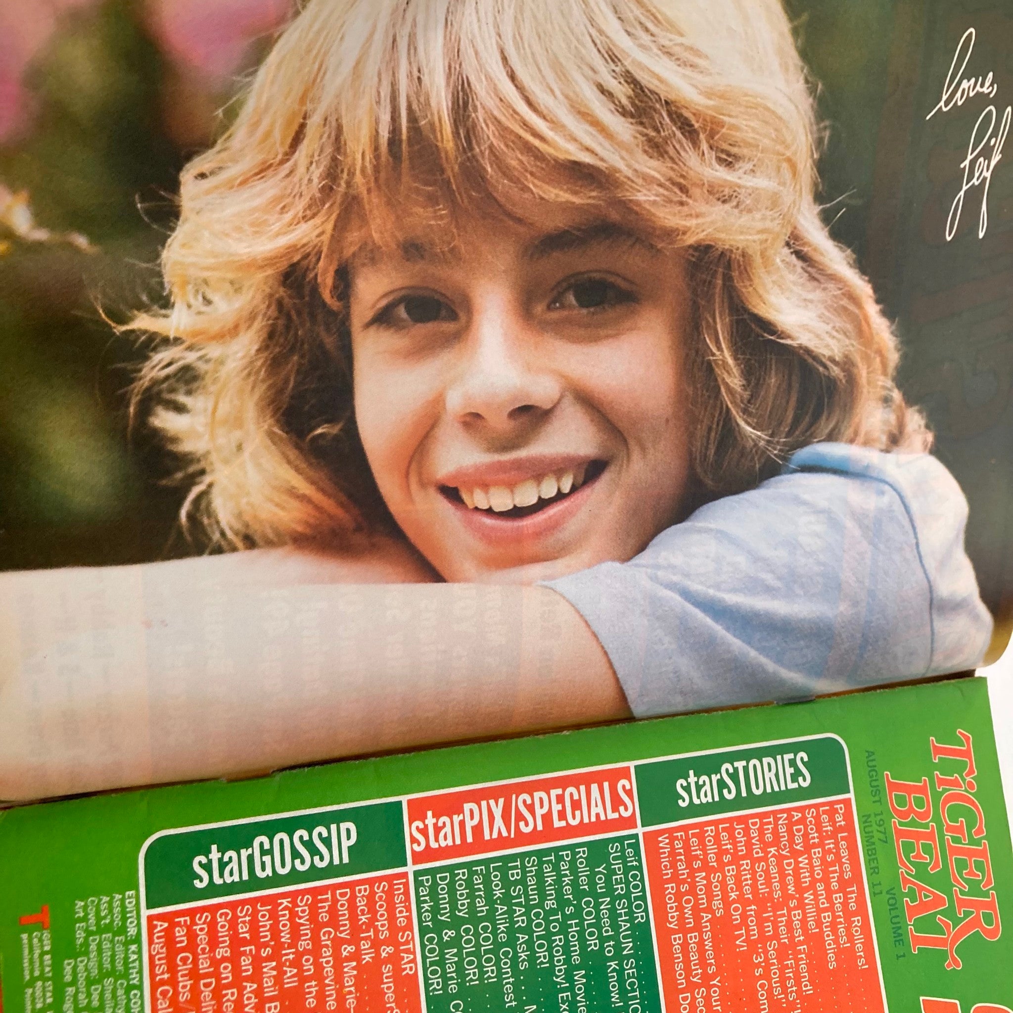 Interior page of Tiger Beat Star Magazine August 1977 with a photo of a young actor with curly hair, representing the era of teen idols.