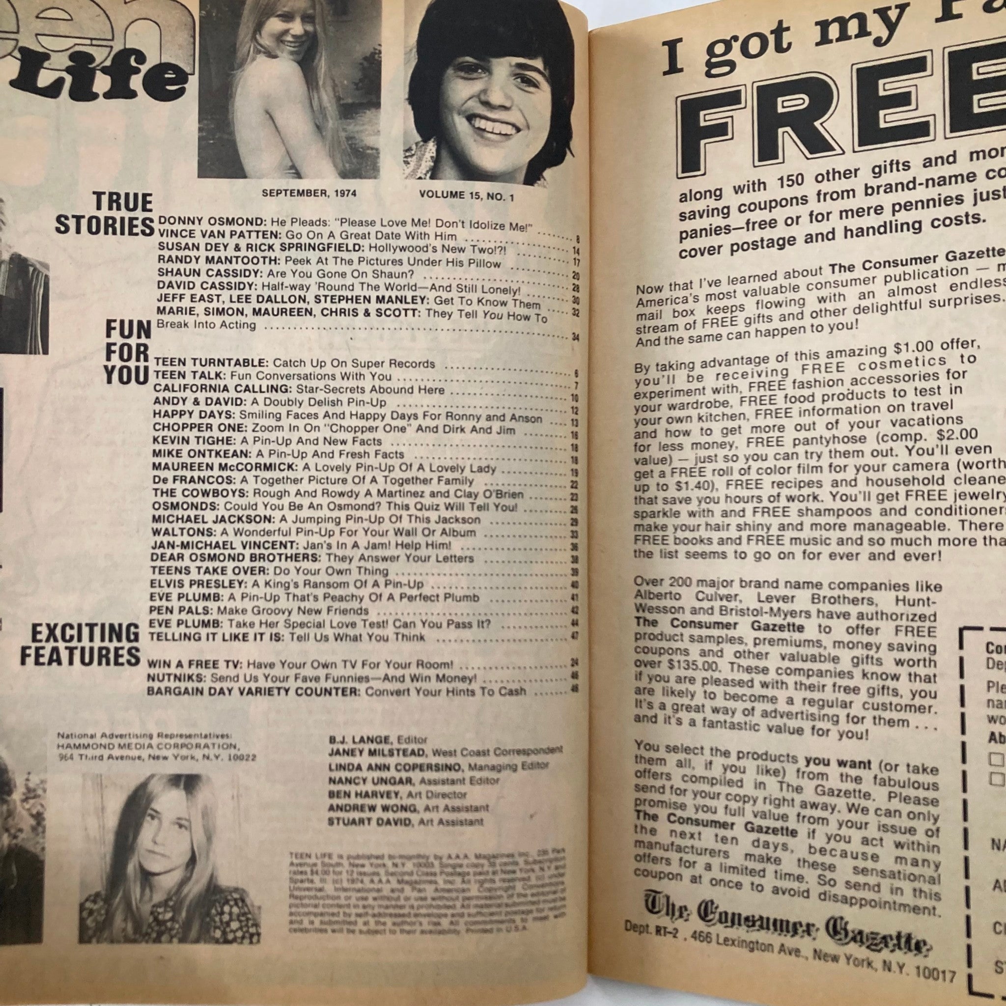 Inside pages of VTG Teen Life Magazine September 1974 Vol 15 #1 featuring Donny Osmond and content highlights from the issue.