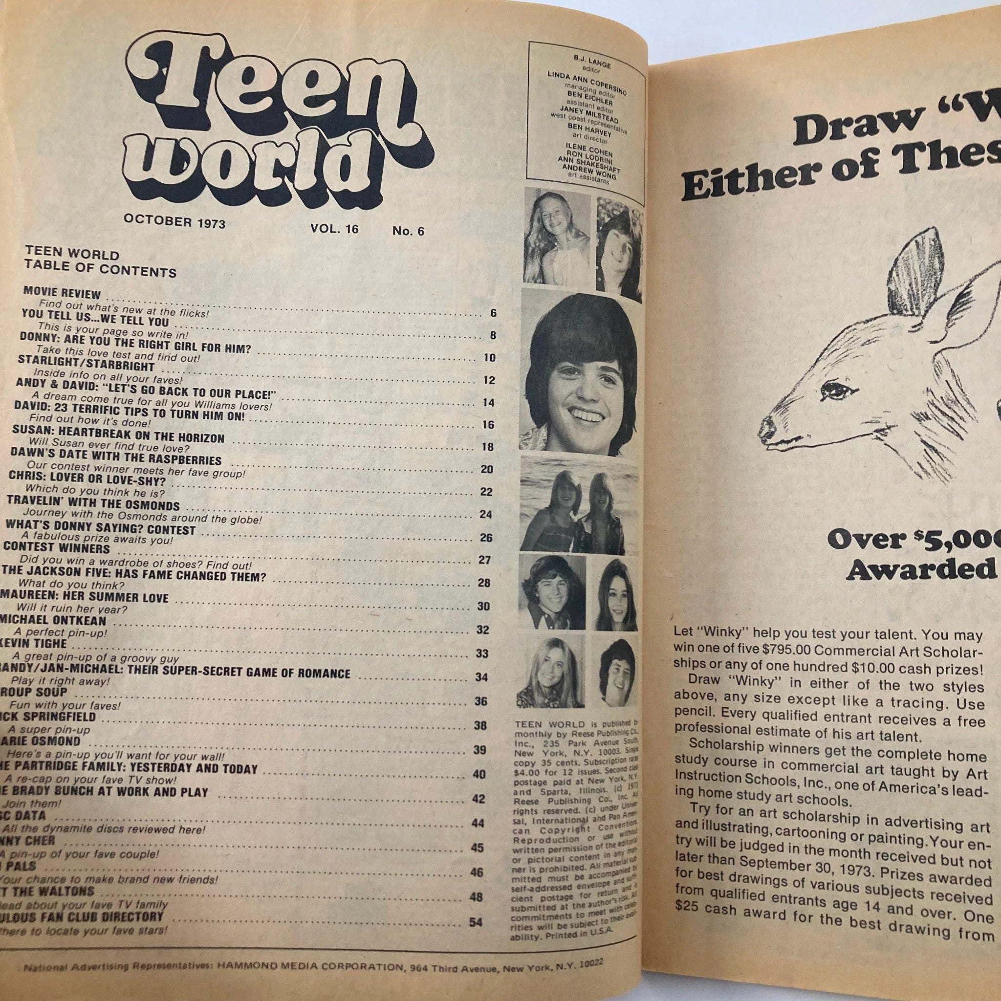 Inside page of VTG Teen World Magazine October 1973 featuring the table of contents and images of Donny Osmond and David Cassidy.