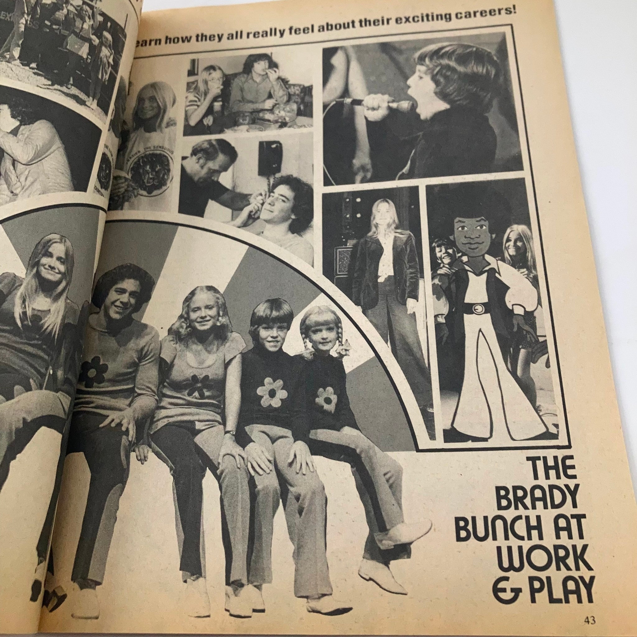 Inside spread of VTG Teen World Magazine October 1973 showcasing The Brady Bunch at work and play with various images of the cast.