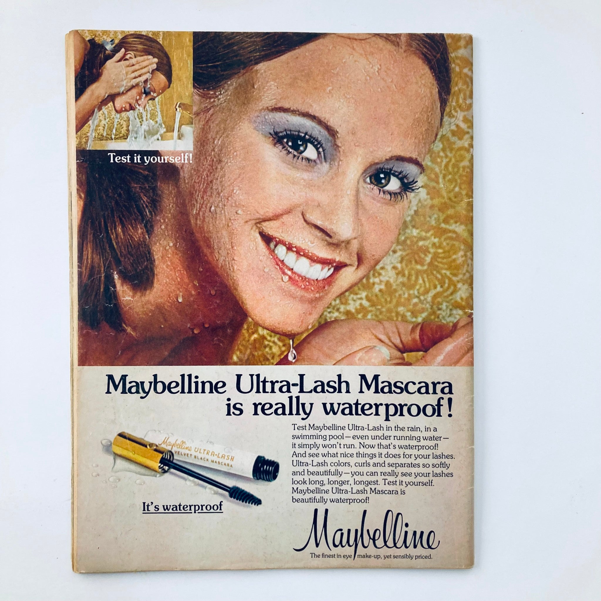 Back cover of VTG Teen World Magazine October 1973 featuring an advertisement for Maybelline Ultra-Lash Mascara with a smiling model.