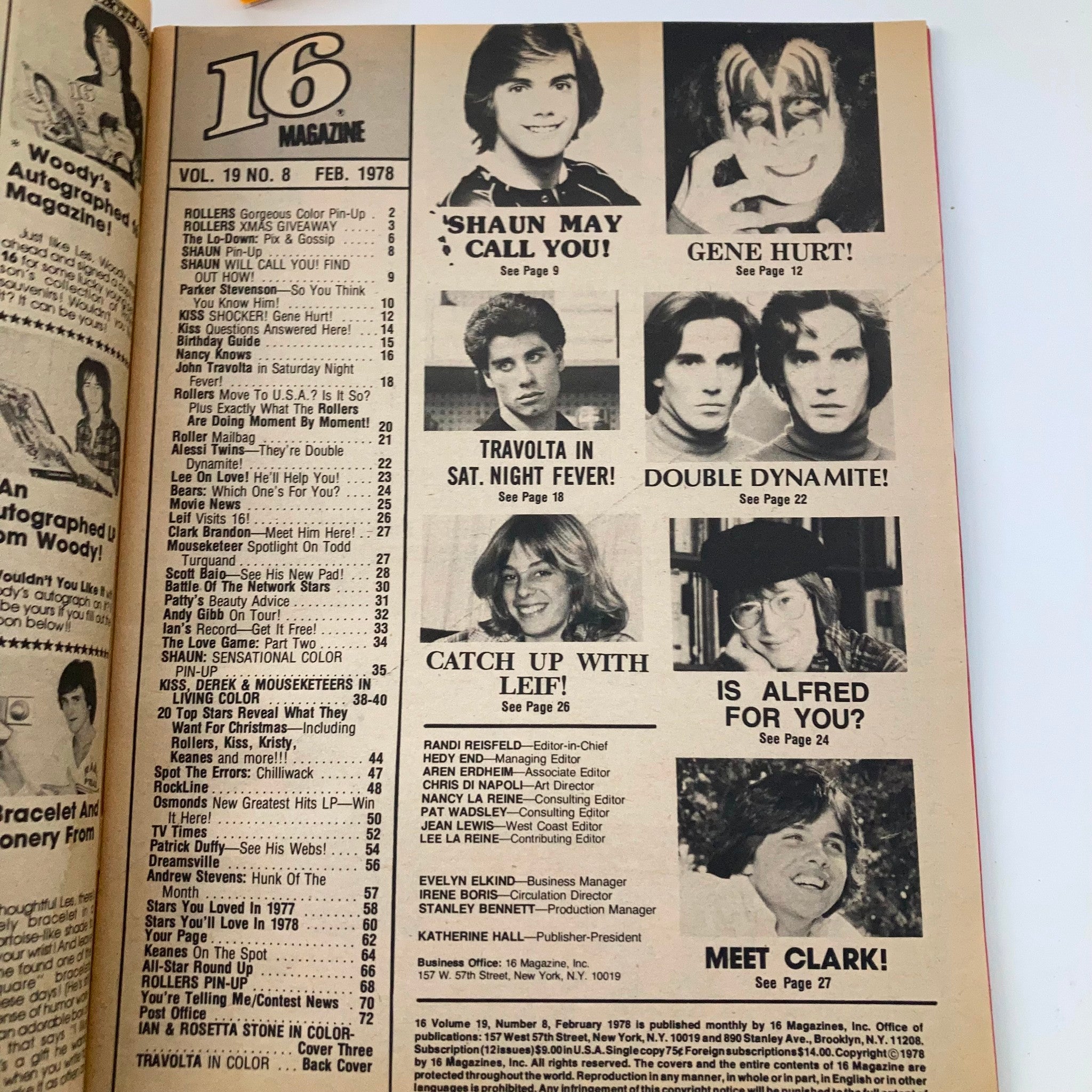 Inside page of VTG 16 Magazine February 1978 displaying the contents list with features on Shaun Cassidy, John Travolta, and Kiss.