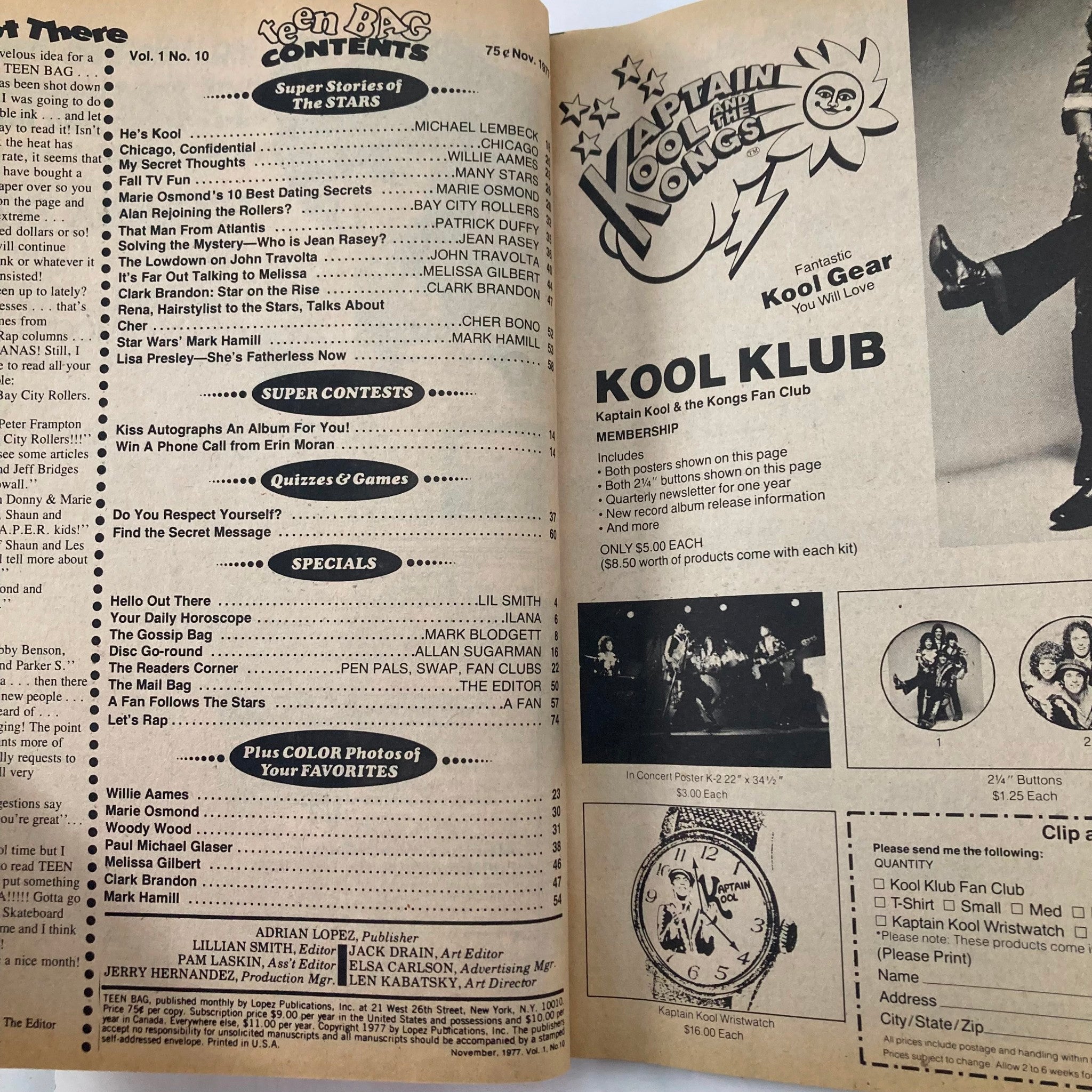 Inside page of VTG Teen Bag Magazine, featuring the contents from the November 1977 issue, highlighting articles about Mark Hamill and other teen icons of the time.
