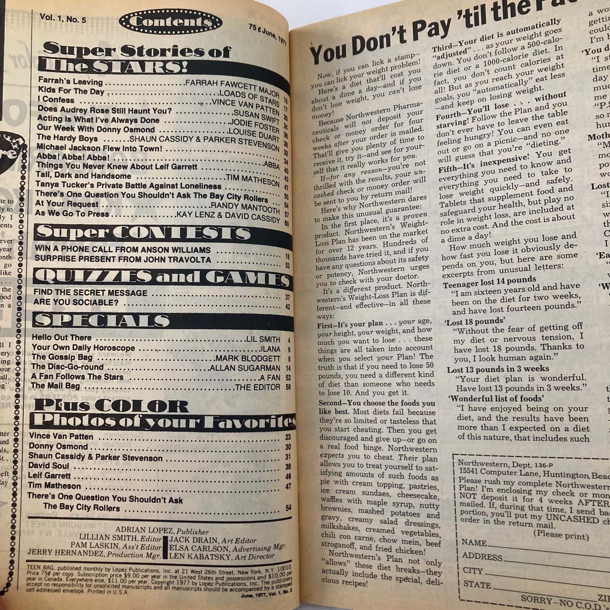 Table of contents from VTG Teen Bag Magazine June 1977 showcasing articles and features about popular stars and contests.