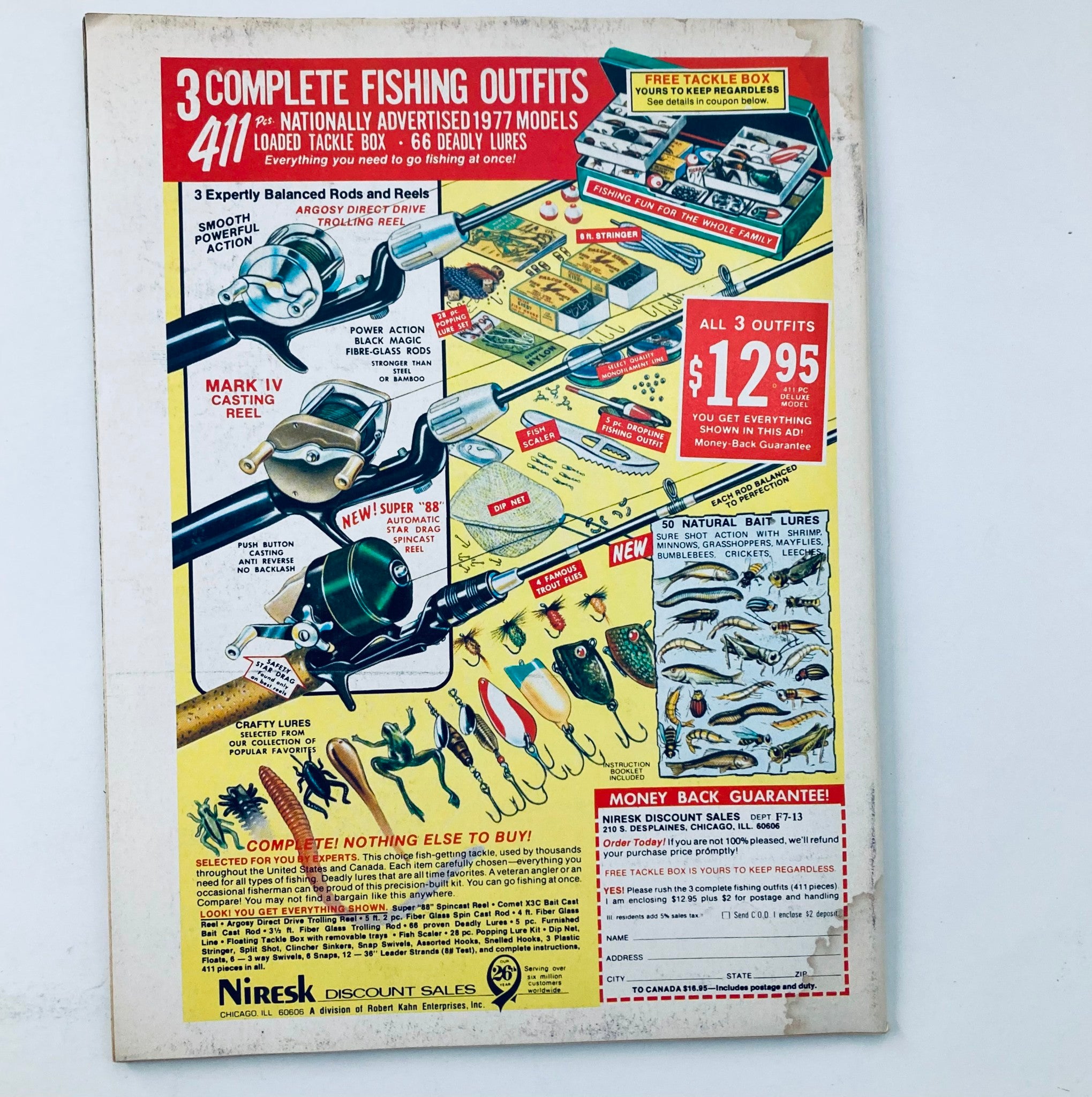 VTG Teen Bag Magazine June 1977 advertisement for 3 complete fishing outfits, showcasing fishing gear including rods and reels, tackle box, and lures, reflecting the vintage culture of 1970s leisure activities.