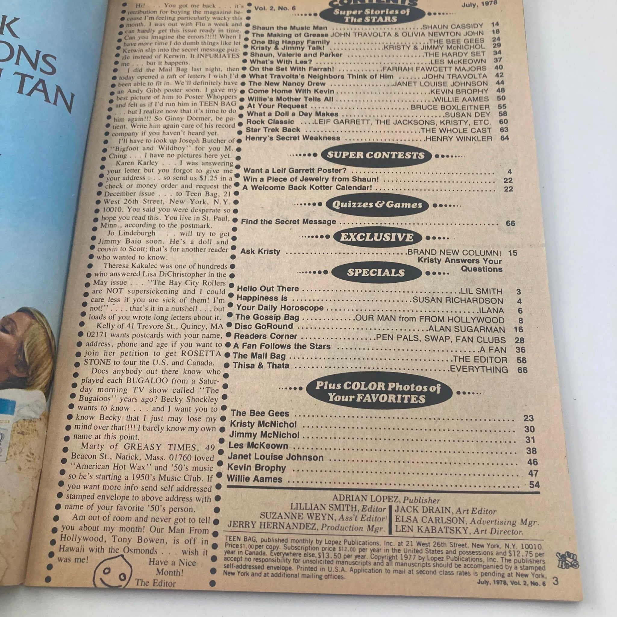Table of contents of VTG Teen Bag Magazine July 1978, showcasing articles and features on popular figures like The Bee Gees and other themes from the era.