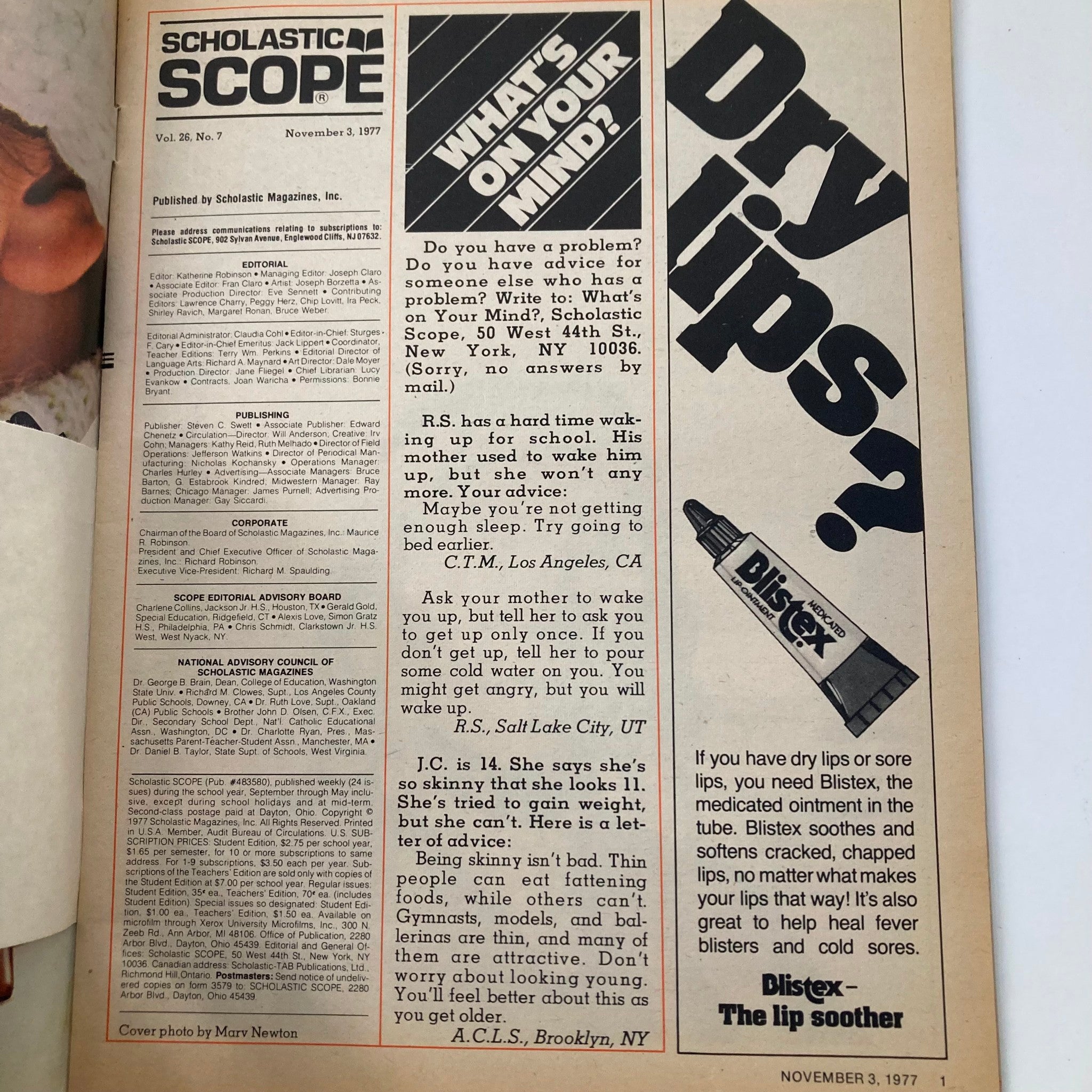 Interior page from Scholastic Scope Magazine November 3, 1977 displaying a column titled What's on Your Mind? featuring advice for children on various topics.
