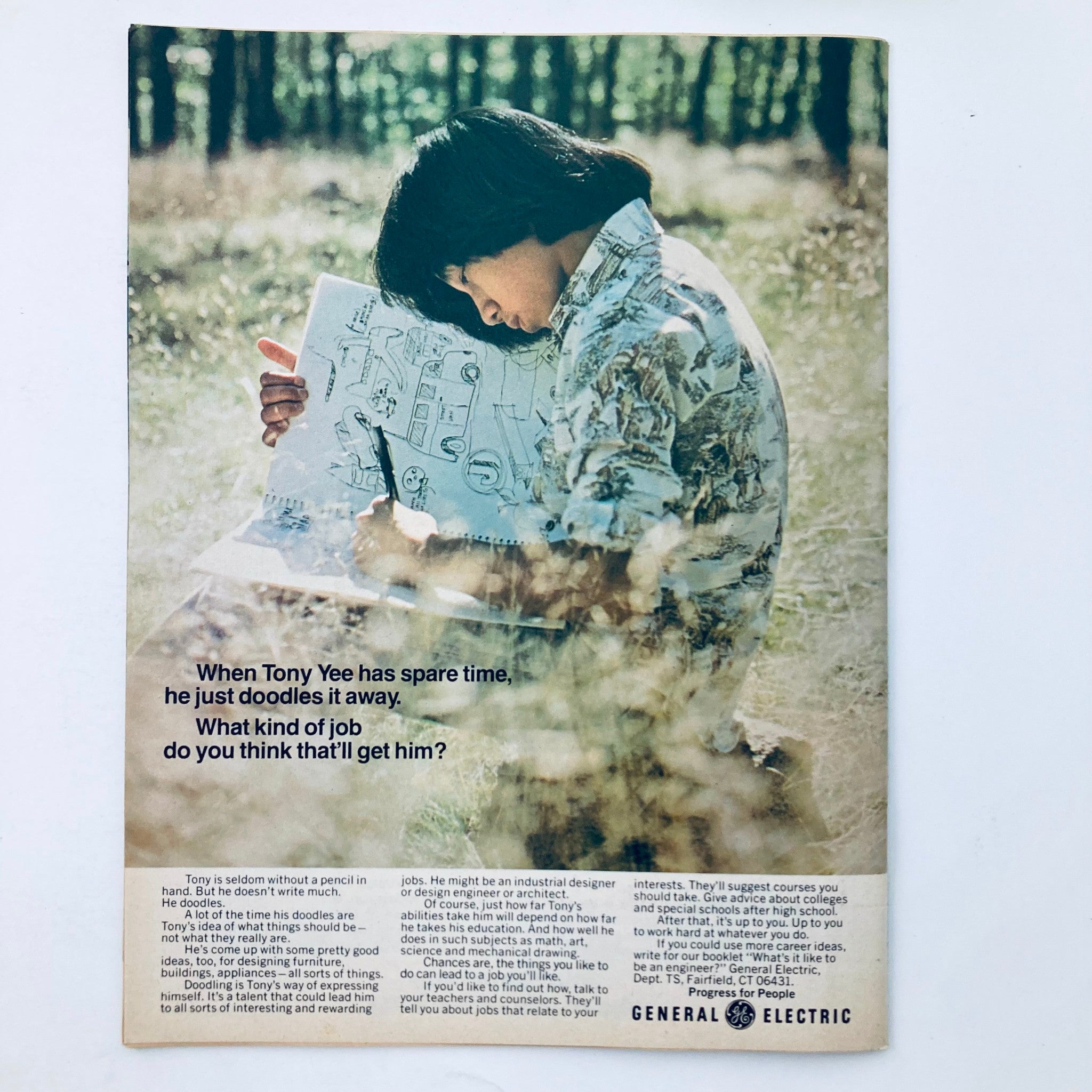 Back cover of Scholastic Scope Magazine November 3, 1977 highlighting Tony Yee doodling outdoors, with a reflection on career aspirations and creativity.