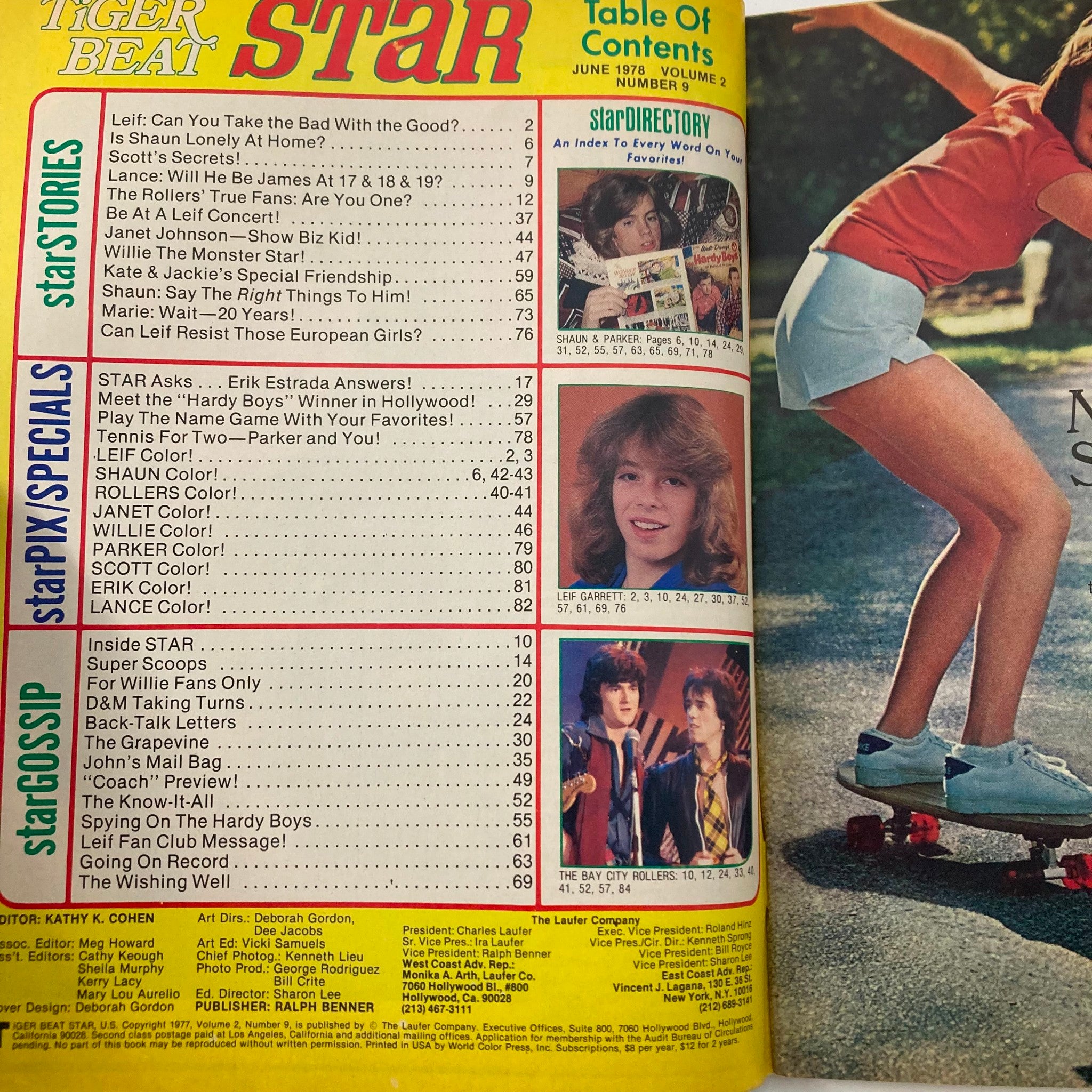 Table of contents from the VTG Tiger Beat Star Magazine June 1978, highlighting popular teen topics and featuring images of Shaun Cassidy and Leif Garrett.