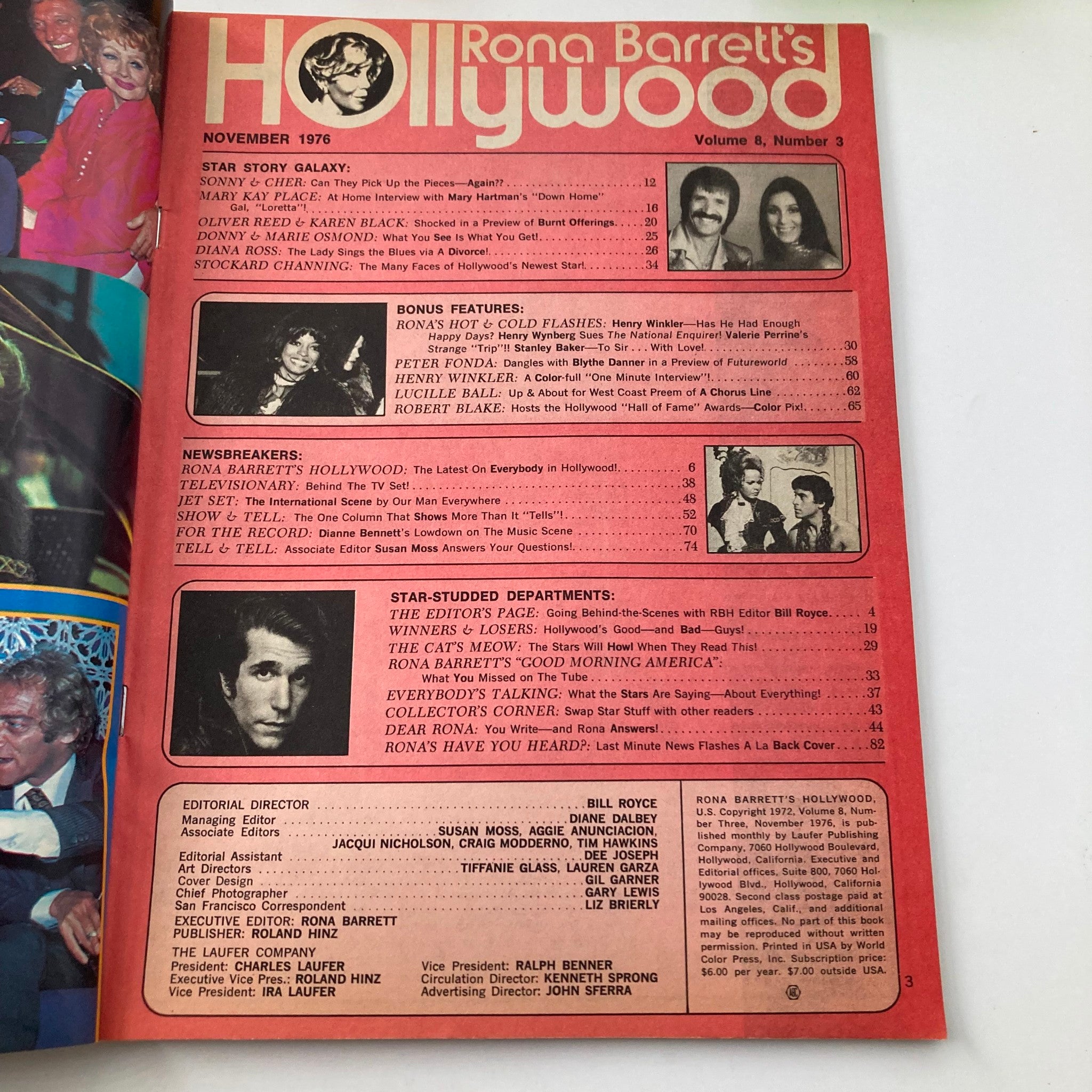 Inside spread of VTG Rona Barrett's Hollywood Magazine November 1976, detailing features and content including Sonny and Cher.