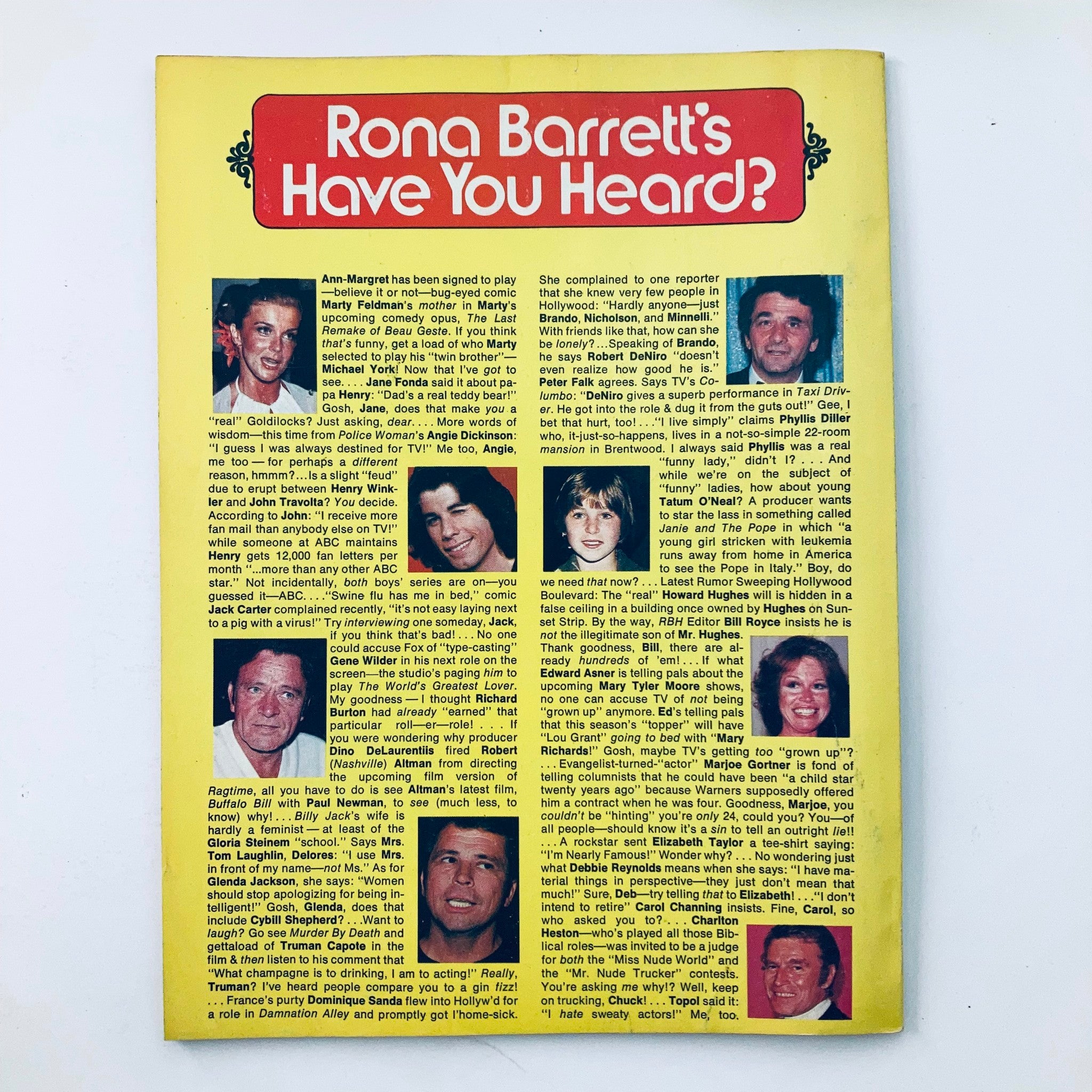 Back cover of VTG Rona Barrett's Hollywood Magazine November 1976, showcasing various celebrity mentions and news updates.