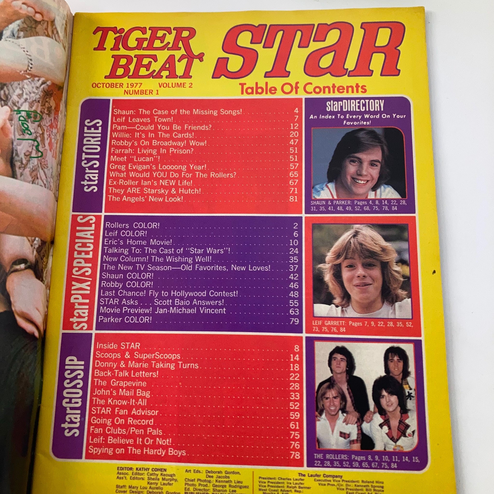 Inside content page of the VTG Tiger Beat Star Magazine October 1977. Displays the table of contents featuring celebrity highlights, including features on The Hardy Boys and the Bay City Rollers.
