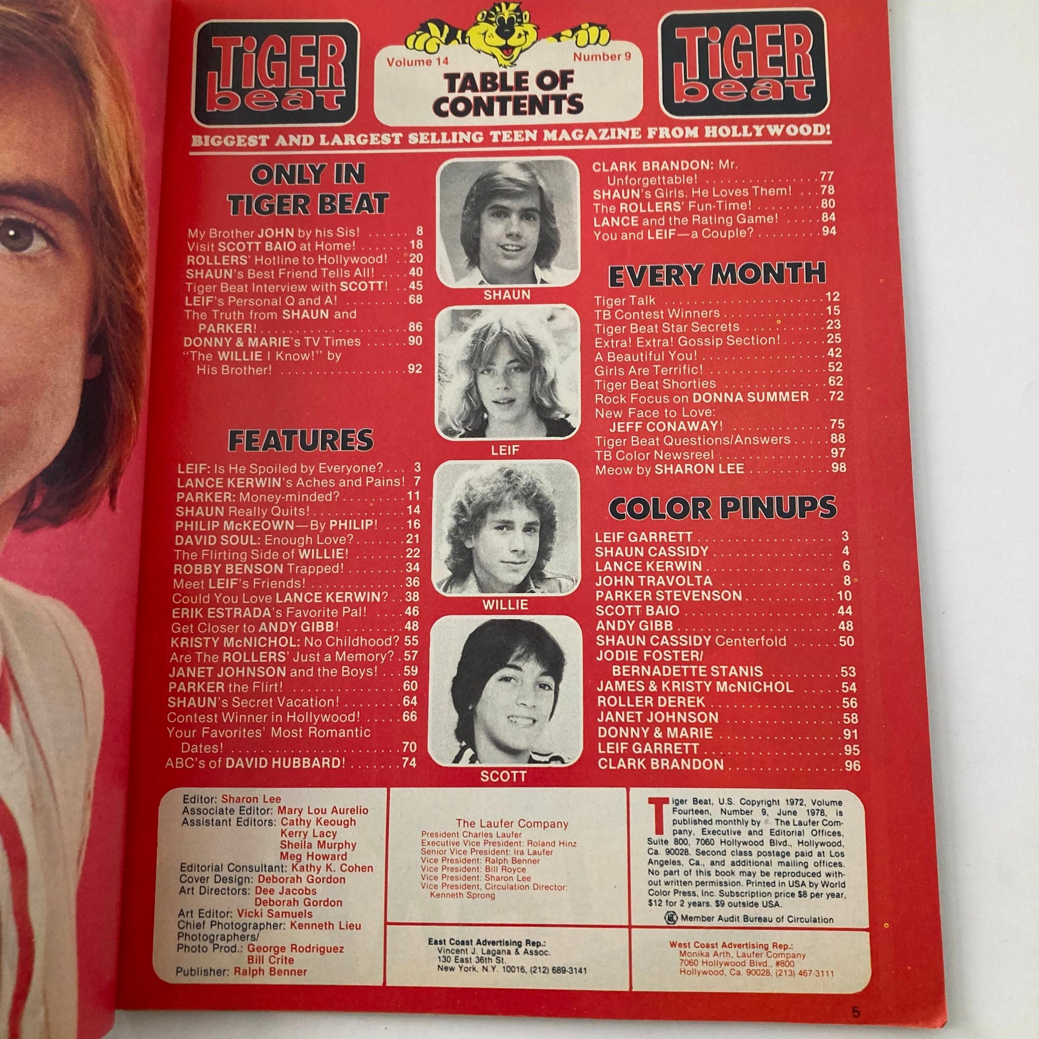Table of contents page from VTG Tiger Beat Magazine June 1978 featuring Shaun Cassidy, Leif Garrett, and other teen idols, showcasing articles, features, and color pinups from the iconic issue.