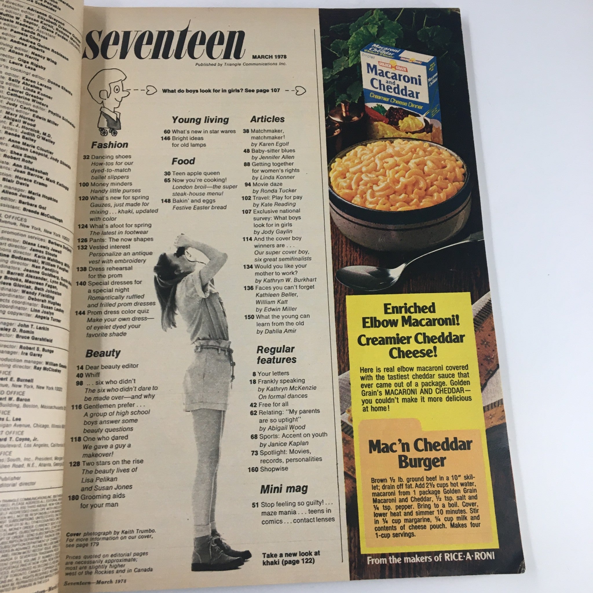 Inside page of Seventeen Magazine March 1978 featuring the contents list, highlighting sections on fashion, beauty, and articles relevant to youth culture.