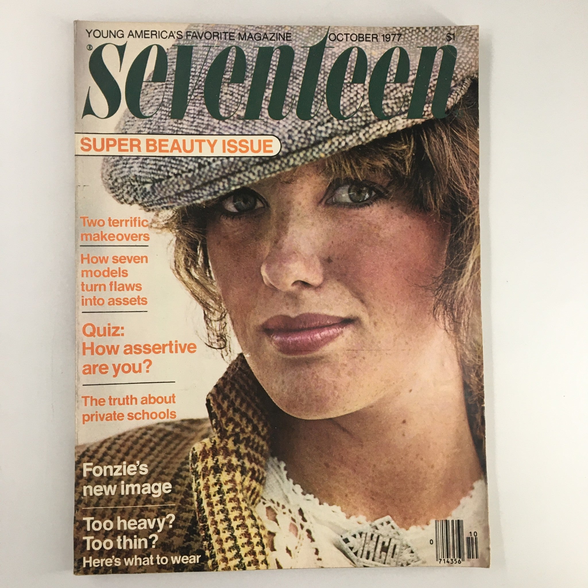 Cover of VTG Seventeen Magazine October 1977 featuring the headline 'The Truth About Private Schools', showcasing a model wearing a hat and discussing beauty topics.