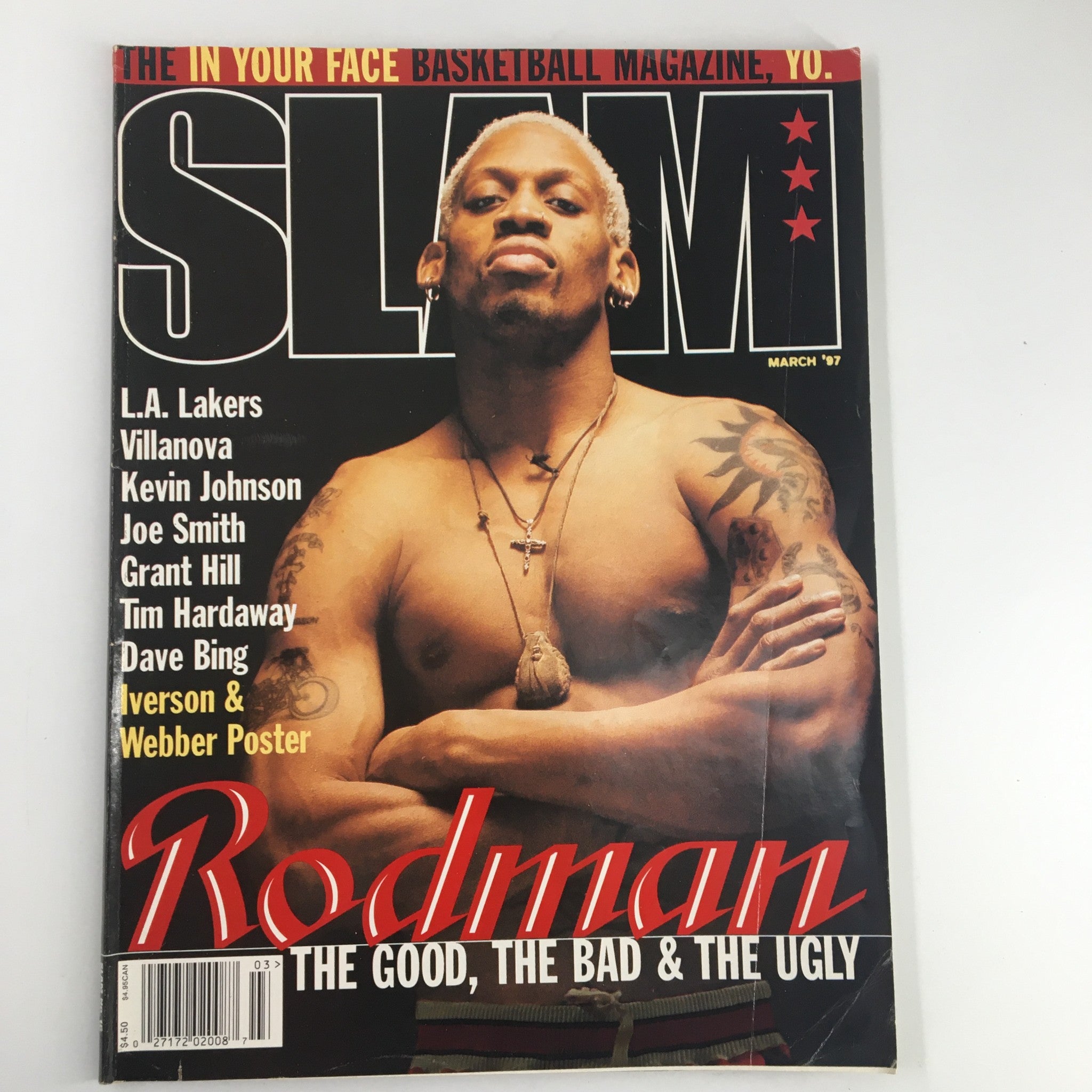 Cover of Slam Magazine from March 1997 featuring Dennis Rodman, titled 'The Good, The Bad & The Ugly'. The magazine highlights Rodman's unique personality and contributions to basketball.
