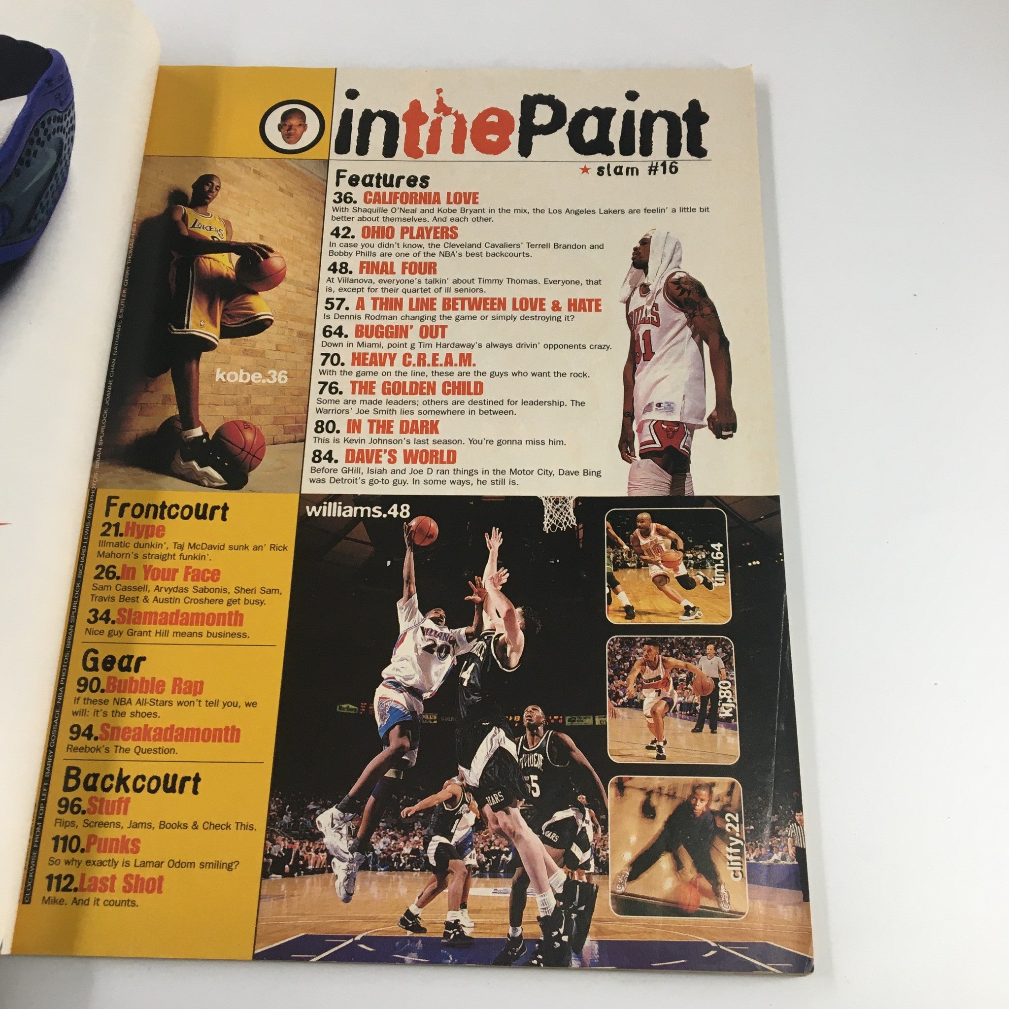 Interior page of Slam Magazine March 1997 showcasing features like 'California Love', 'Ohio Players', and 'The Golden Child'. The page includes highlights of various basketball players and articles relevant to the era.