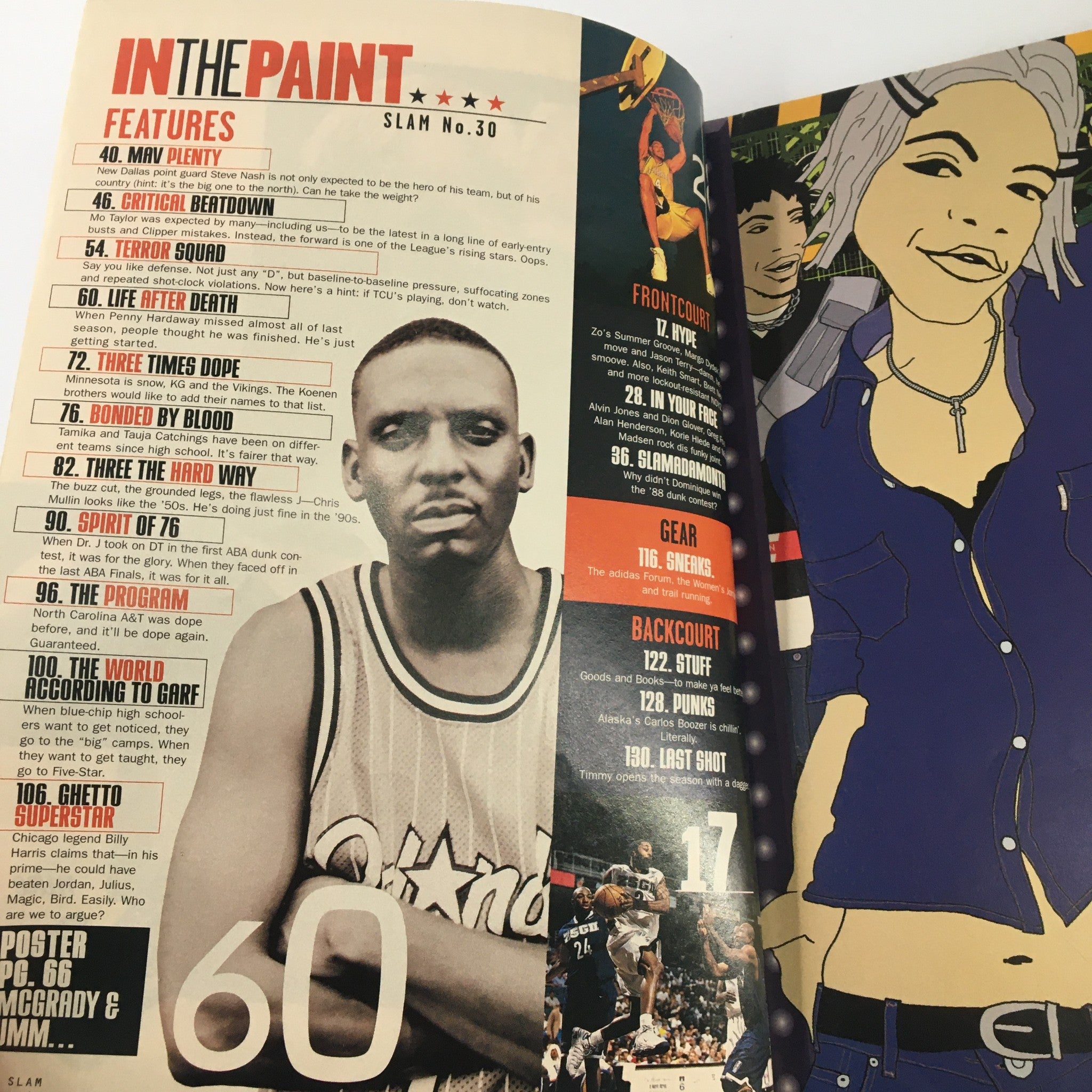 Inside page of Slam Magazine December 1998, showcasing 'In the Paint' section with features, images of Penny Hardaway, and various basketball highlights.
