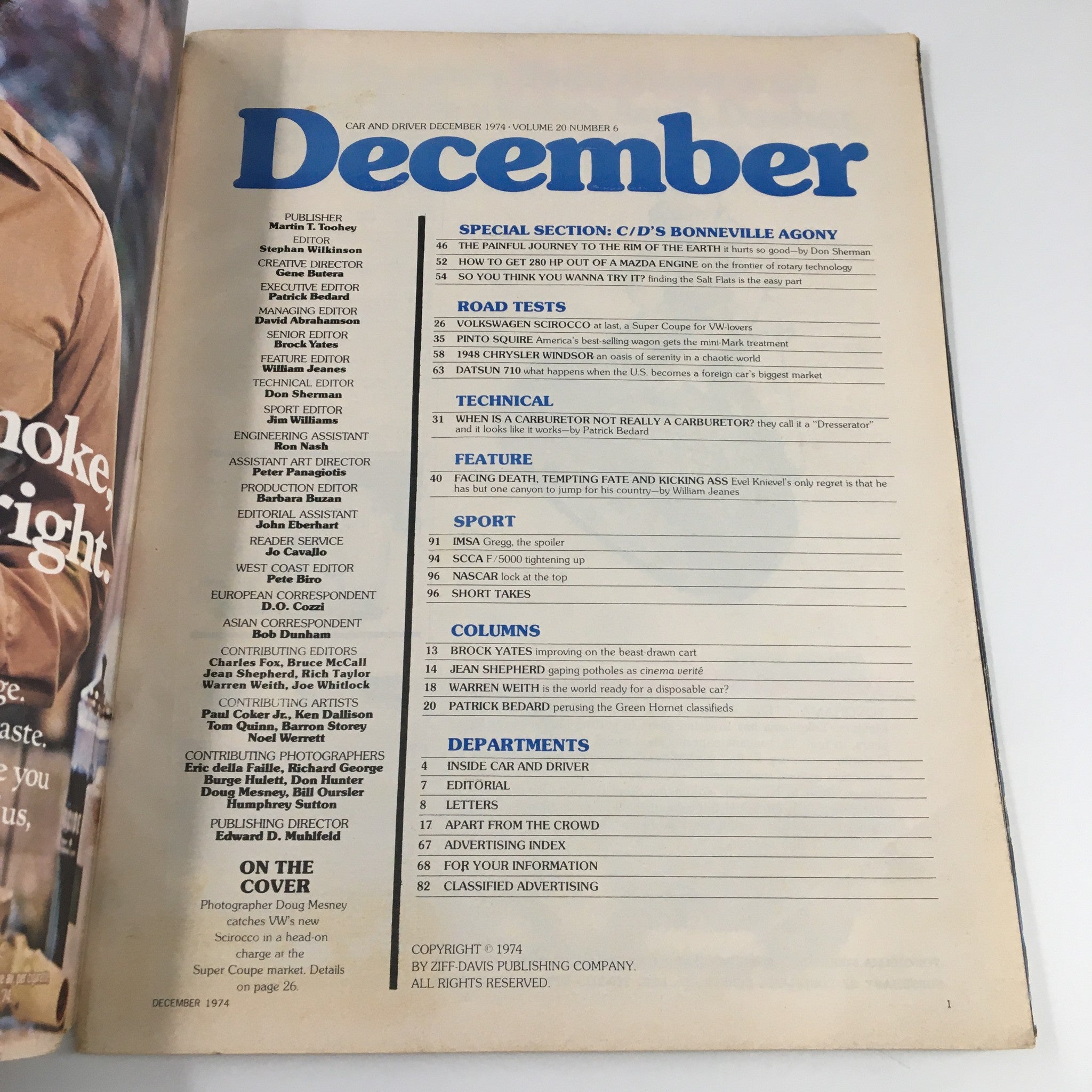 Table of contents for Car and Driver Magazine, December 1974, featuring articles such as 'C/D's Bonneville Agony' and technical insights on carburetors, showcasing the essence of automotive culture and innovations during that era.