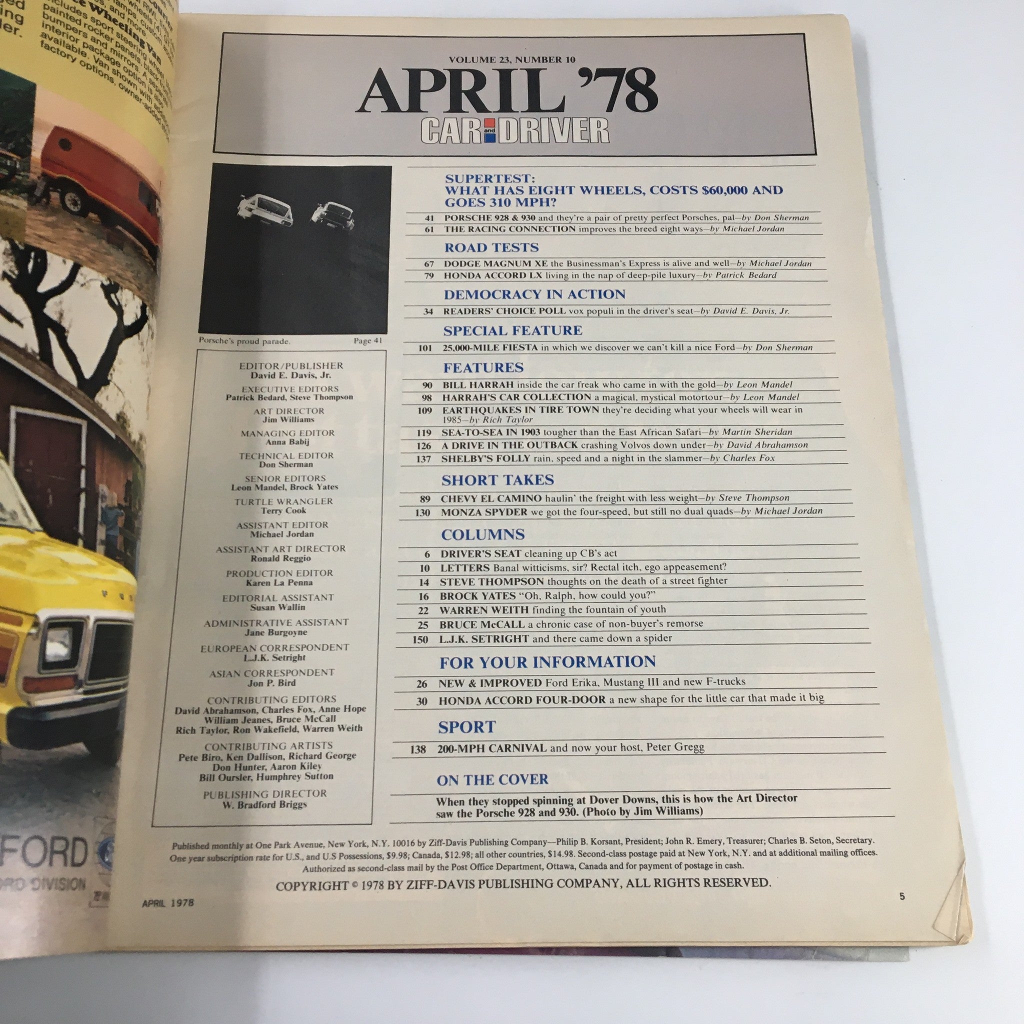 Car and Driver Magazine April 1978 interior contents page showcasing articles including Dodge Magnum XE, automotive trends, and featured columns.