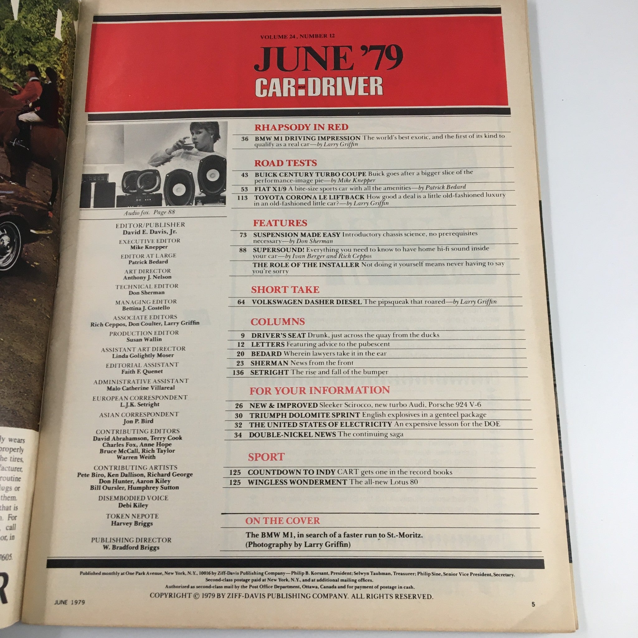 Inside pages of Car and Driver Magazine June 1979, detailing articles on Buick Century Turbo Coupe, Fiat X1/9 5-Speed, and automotive innovations.