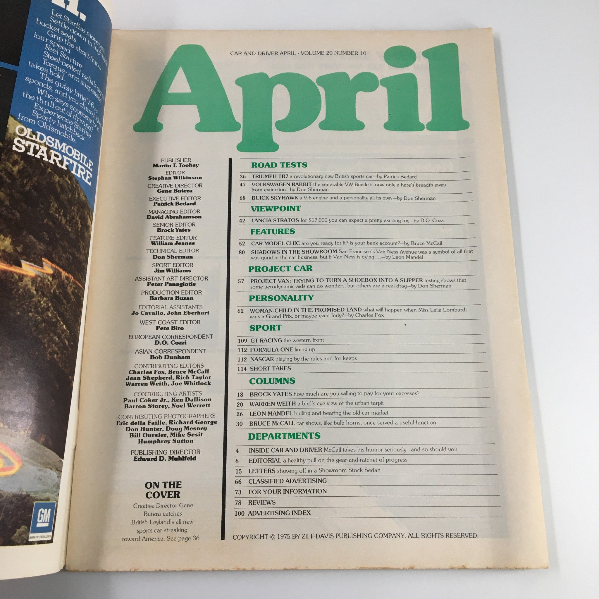 Interior page of Car and Driver Magazine April 1975 showing the table of contents with Lancia Stratos highlighted.