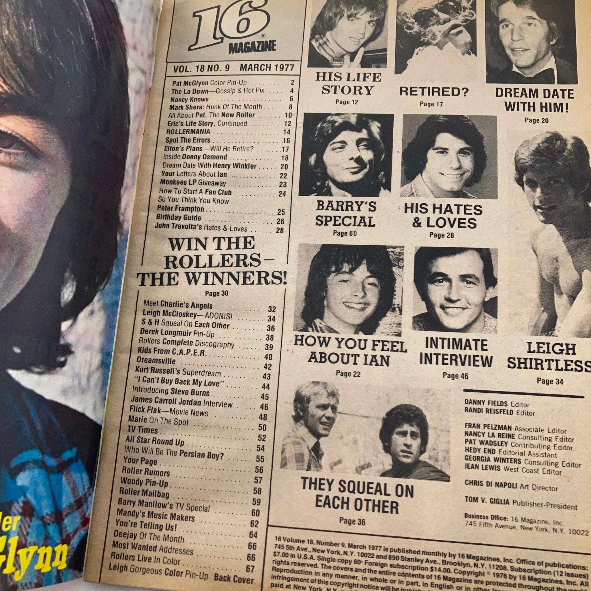 Table of contents for 16 Magazine March 1977 highlighting interviews and features with music icons, including Peter Frampton and John Travolta.