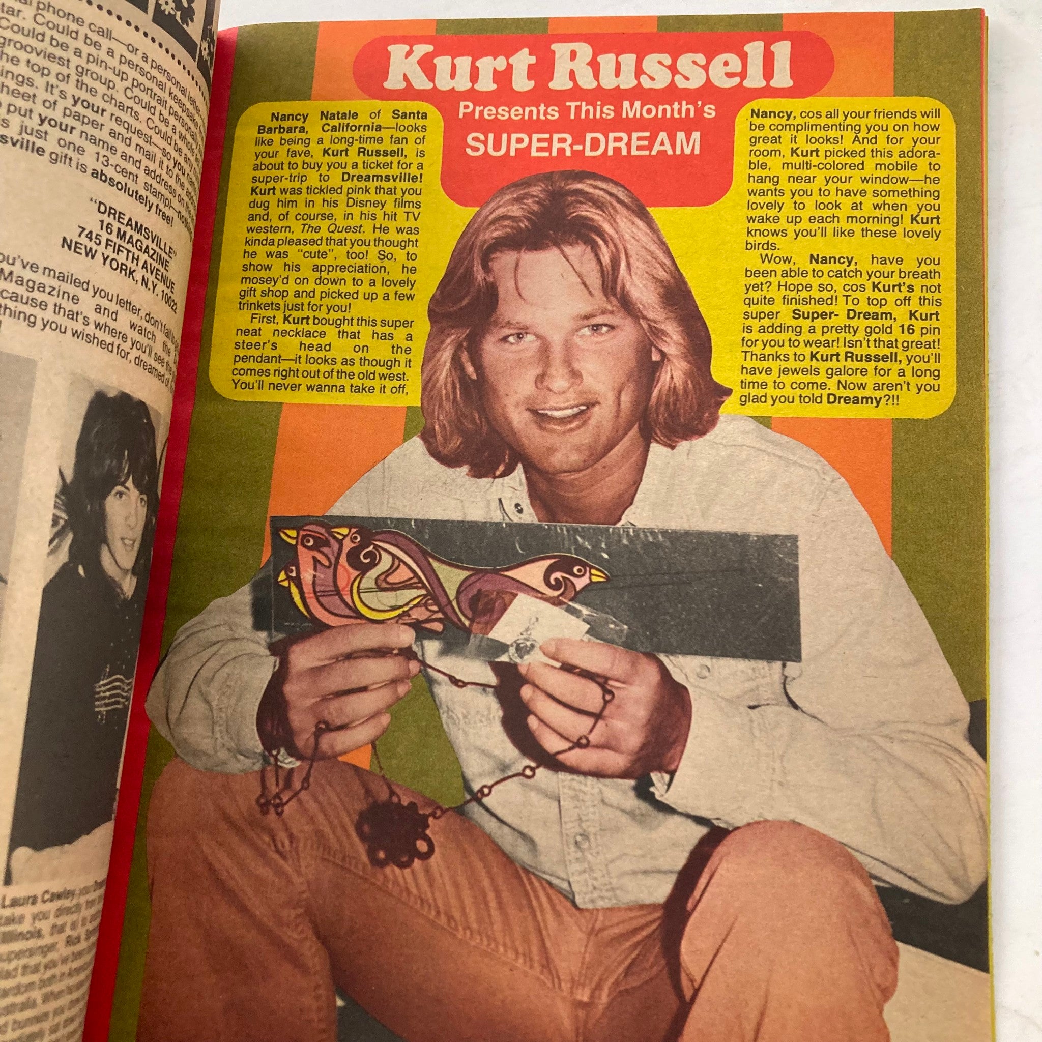 Kurt Russell featured in the 16 Magazine March 1977, presenting a unique jewelry piece, showcasing the celebrity culture and trends of the decade.