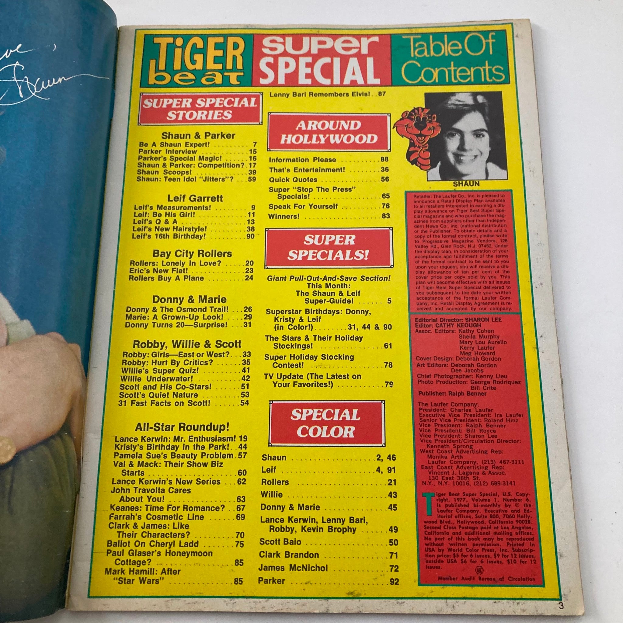 Inside page of Tiger Beat Magazine Super Special #6 from 1977 showcasing the table of contents and articles related to popular celebrities of the time.