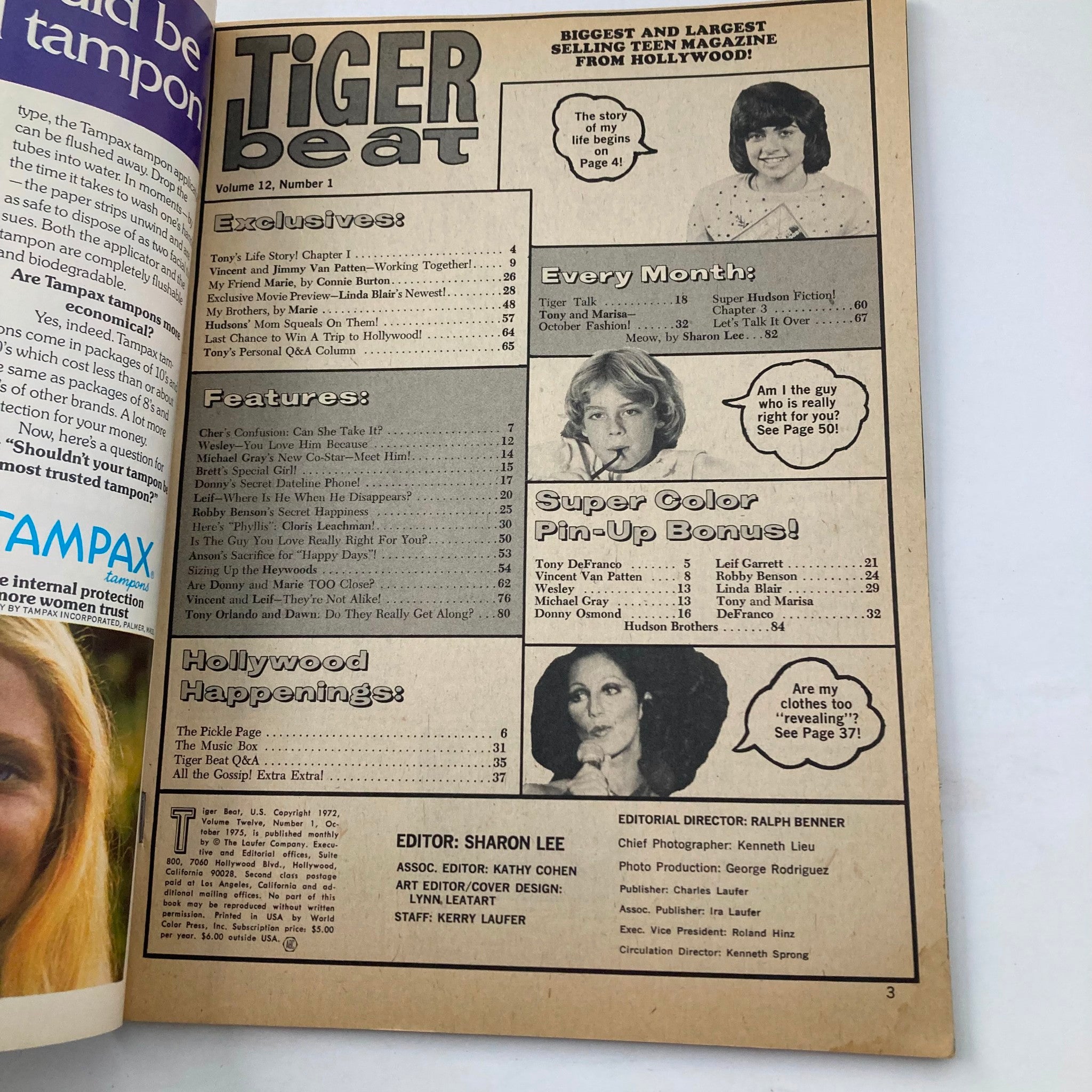 Table of contents page from Tiger Beat Magazine October 1975 detailing features like interviews and articles about Cher, Linda Blair, and more, illustrating the magazine's focus on teen culture of the era.