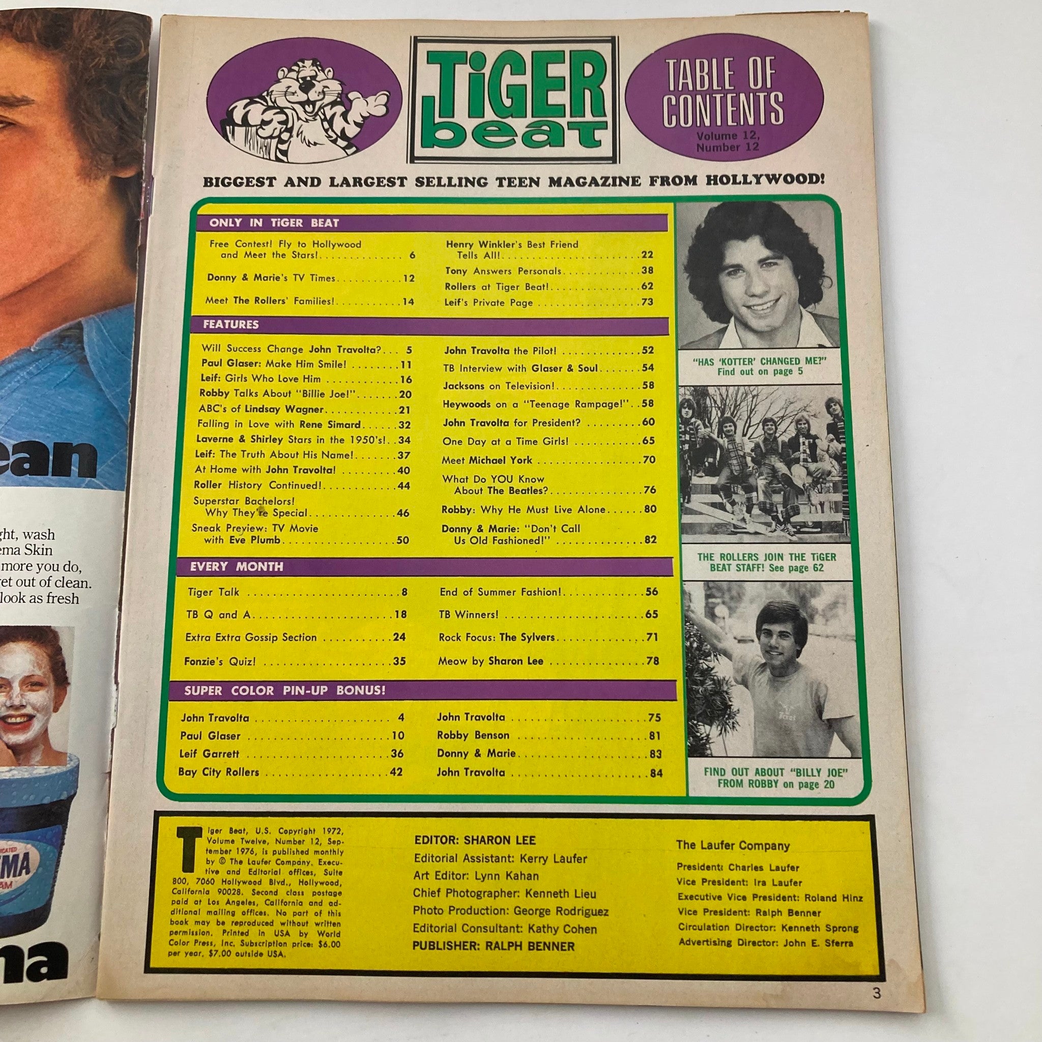 Inside page of Tiger Beat Magazine September 1976 showcasing the table of contents highlighting articles on John Travolta and the Bay City Rollers.