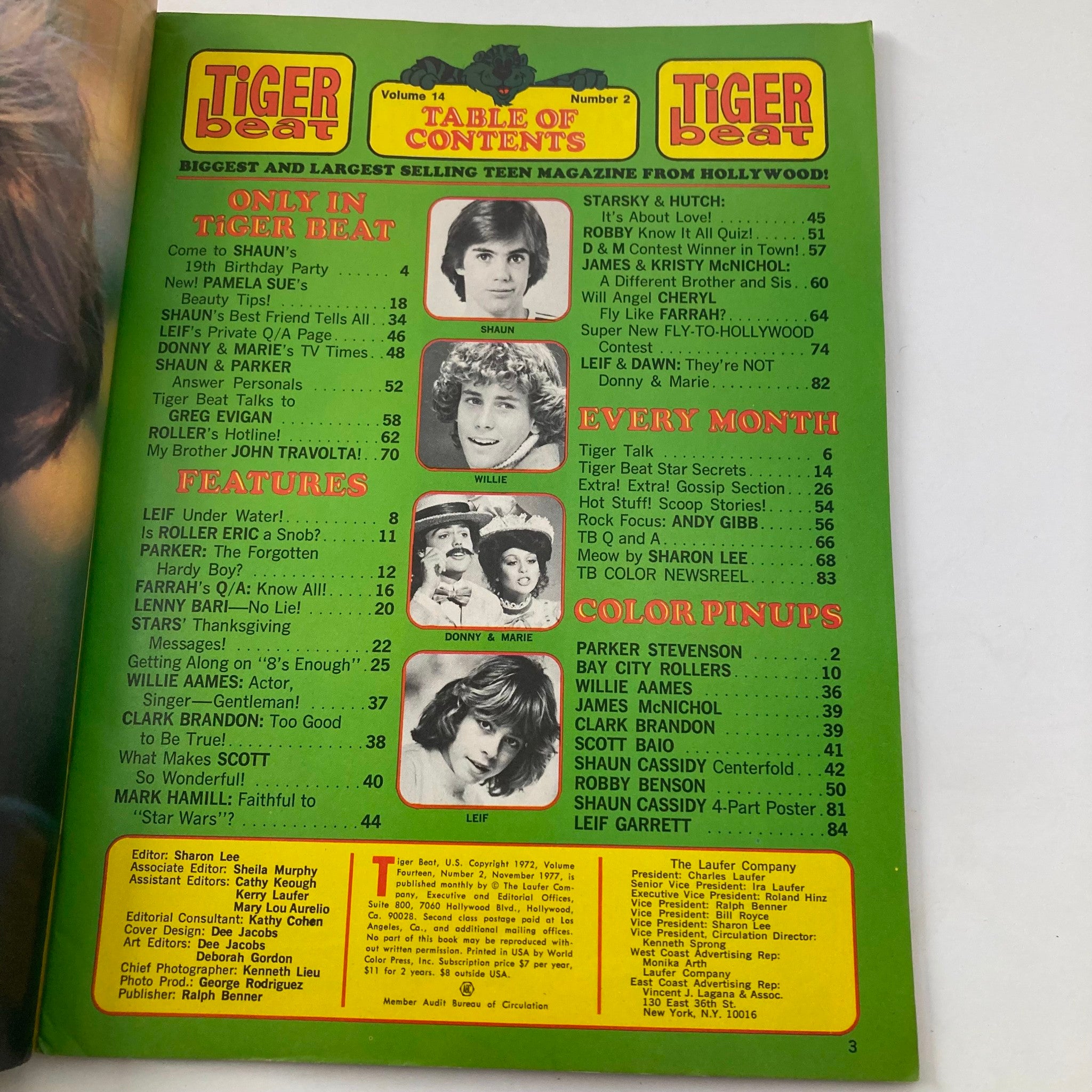 Table of contents page from Tiger Beat Magazine November 1977, detailing featured articles and pop culture highlights, including mentions of Shaun and the Hardy Boys.