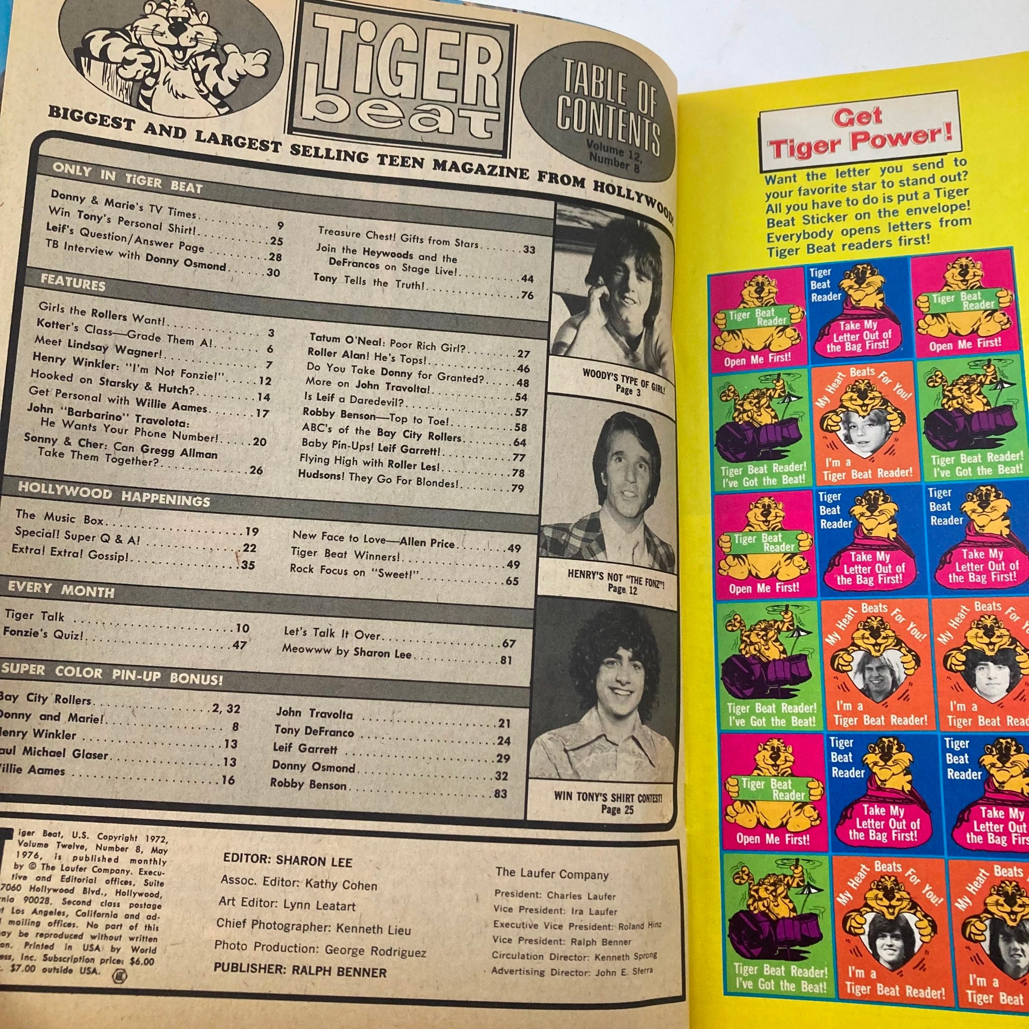 Inside spread of VTG Tiger Beat Magazine May 1976 showing table of contents with features including John Travolta and Starsky & Hutch.