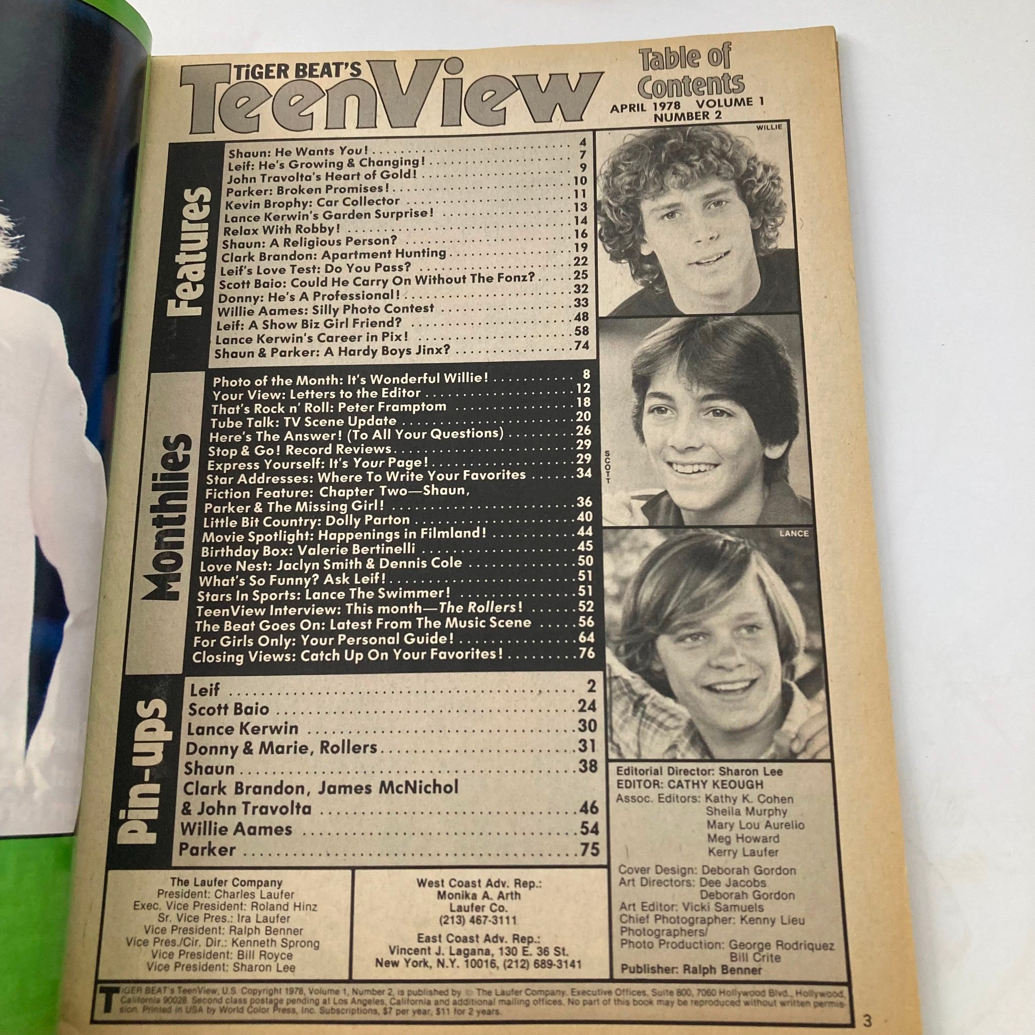 Table of contents from Tiger Beat's Teen View Magazine April 1978 outlining featured articles, pin-ups, and topics related to popular teen stars.