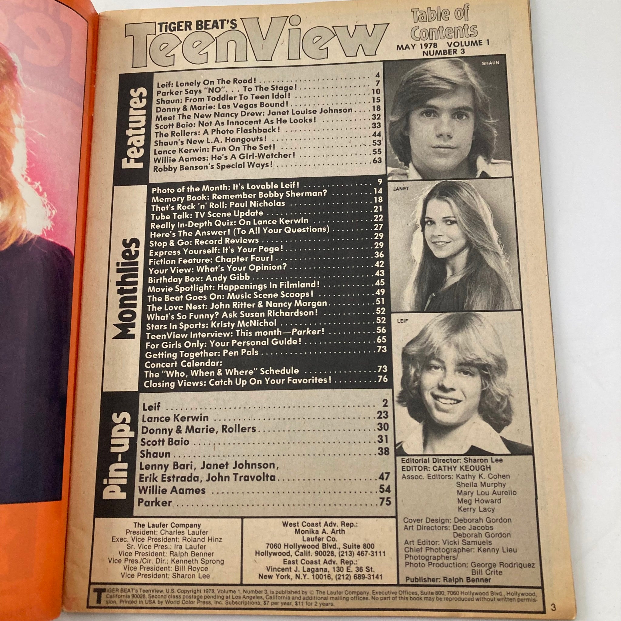Table of contents page from Tiger Beat's Teen View Magazine May 1978, listing featured articles and pin-ups including Leif Garrett and Shaun Cassidy.