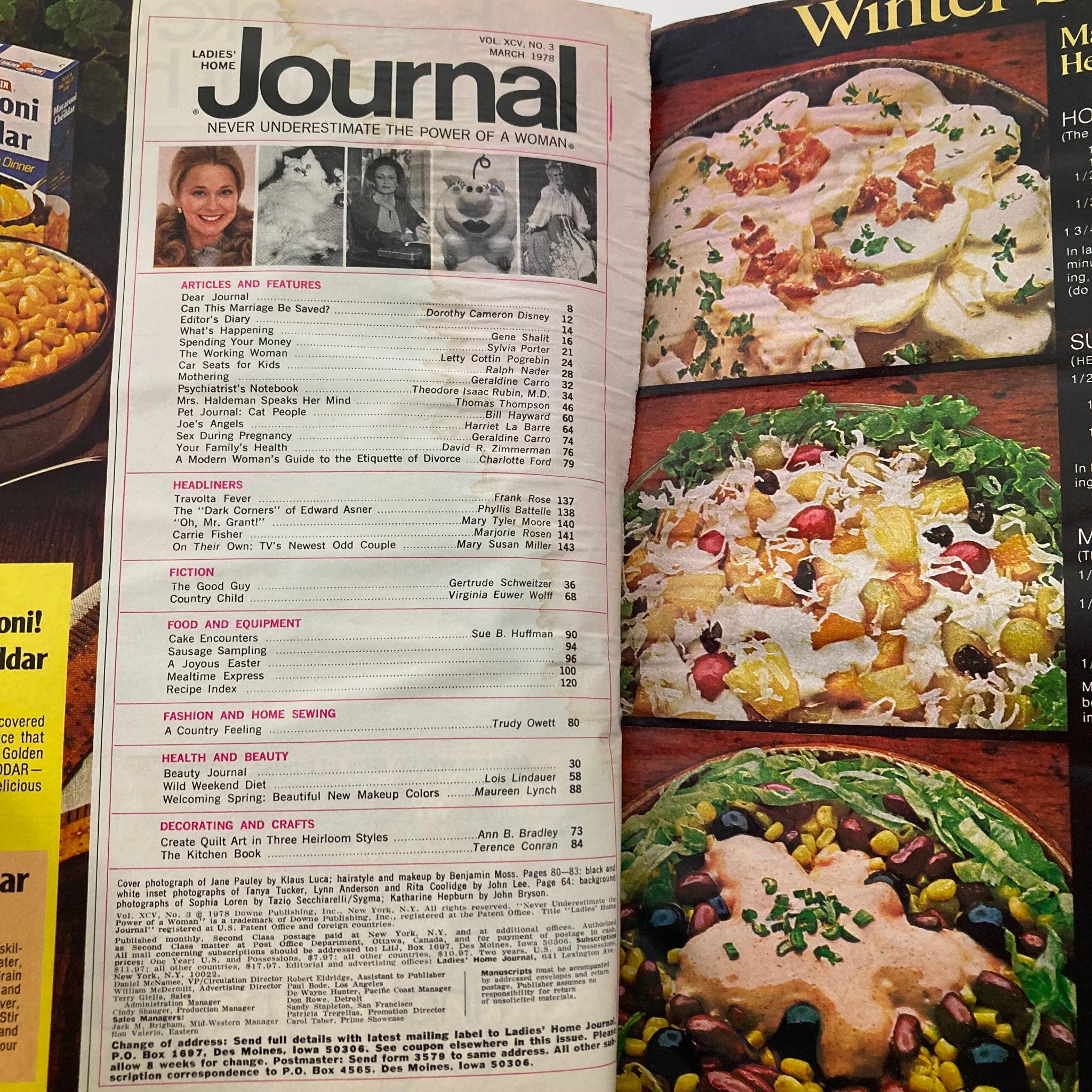 Interior page of VTG Ladies' Home Journal Magazine March 1978 Jane Pauley Cover No Label, featuring articles and features alongside colorful food images.