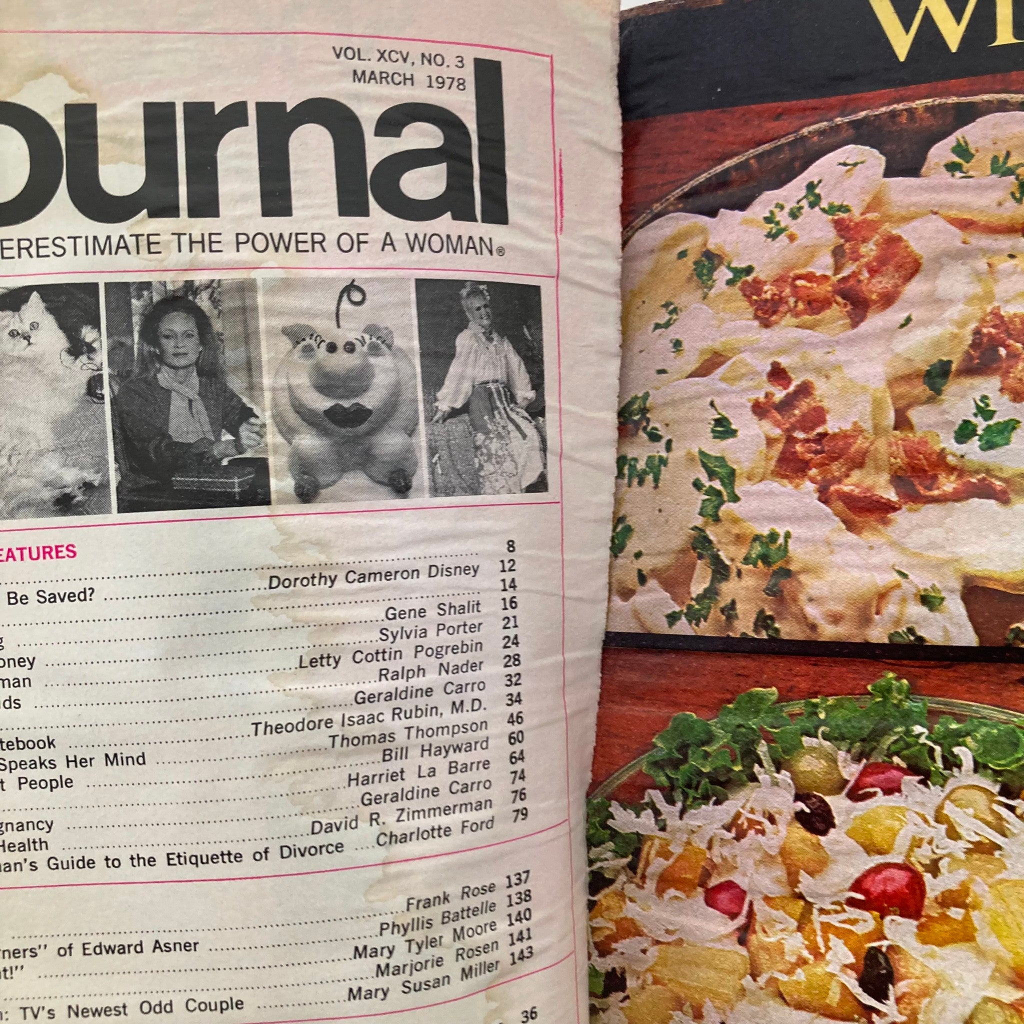 Detail of the interior of VTG Ladies' Home Journal Magazine March 1978 Jane Pauley Cover No Label, showcasing an article index with images and food recipes.
