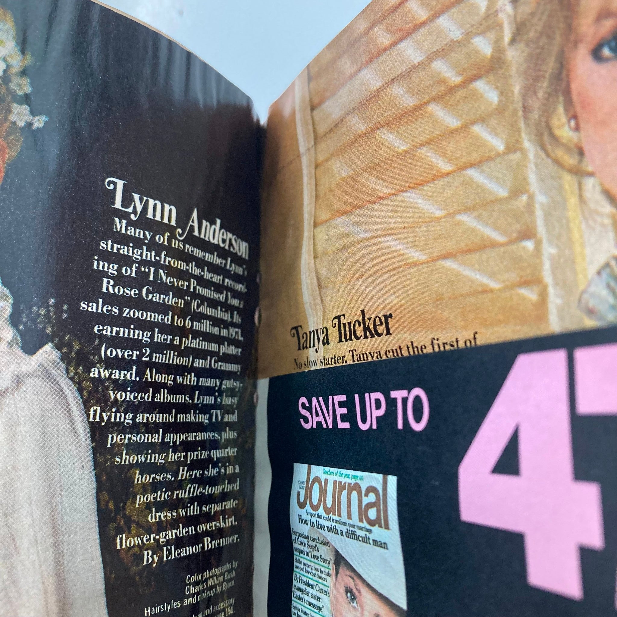 Close-up of celebrities Lynn Anderson and Tanya Tucker in the VTG Ladies' Home Journal Magazine March 1978 Jane Pauley Cover No Label.