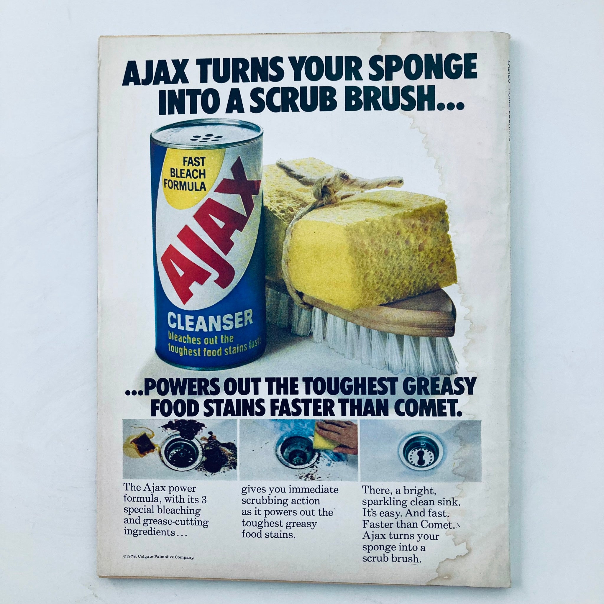 Vintage advertisement for AJAX cleanser in the VTG Ladies' Home Journal Magazine March 1978 Jane Pauley Cover No Label, highlighting its cleaning power.