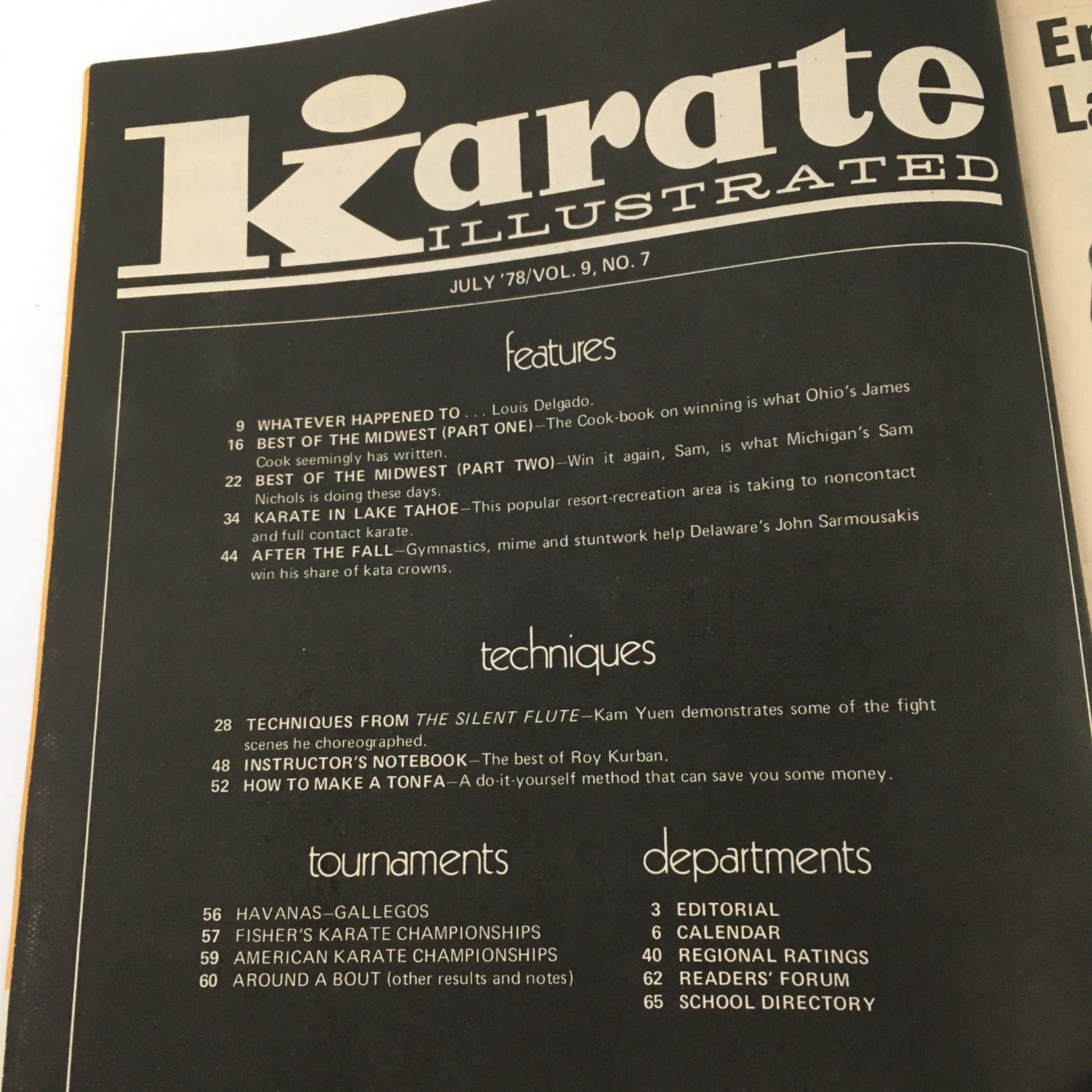 Table of contents from Karate Illustrated Magazine July 1978 detailing features such as 'Karate in Lake Tahoe', techniques from The Silent Flute, and information on tournaments.