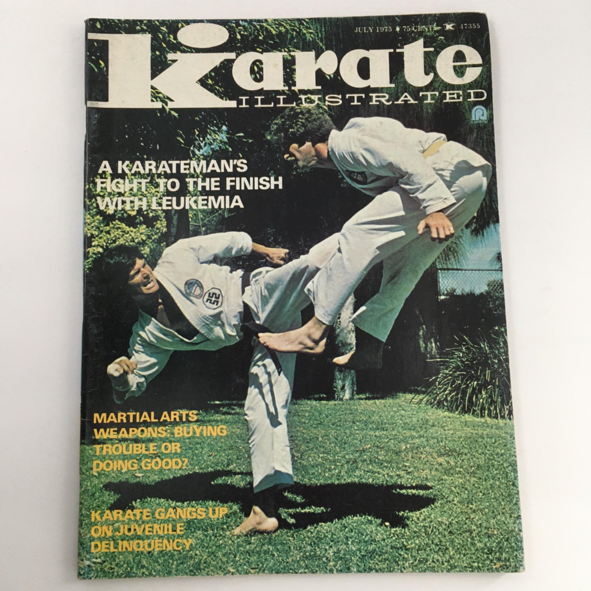 Cover of Karate Illustrated Magazine July 1975 featuring the article 'A Karatemans Fight to the Finish with Leukemia', showcasing two martial artists in action on a grassy field.