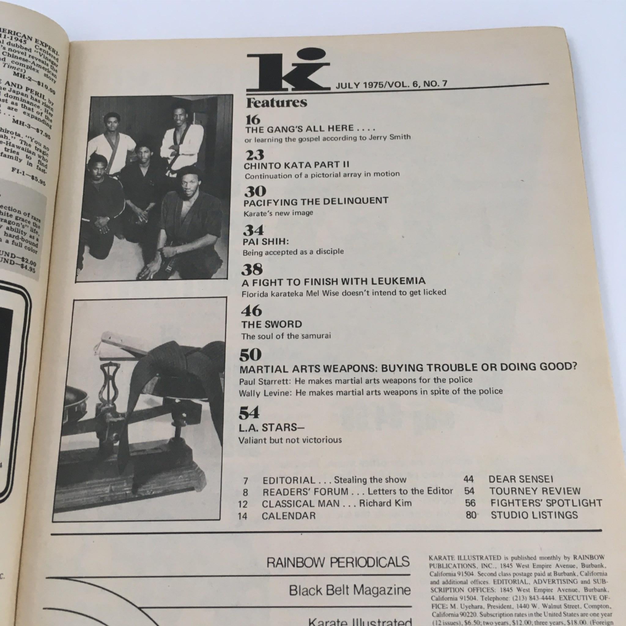 Interior page of Karate Illustrated Magazine July 1975 featuring articles including 'A Fight to Finish with Leukemia' and various martial arts topics.