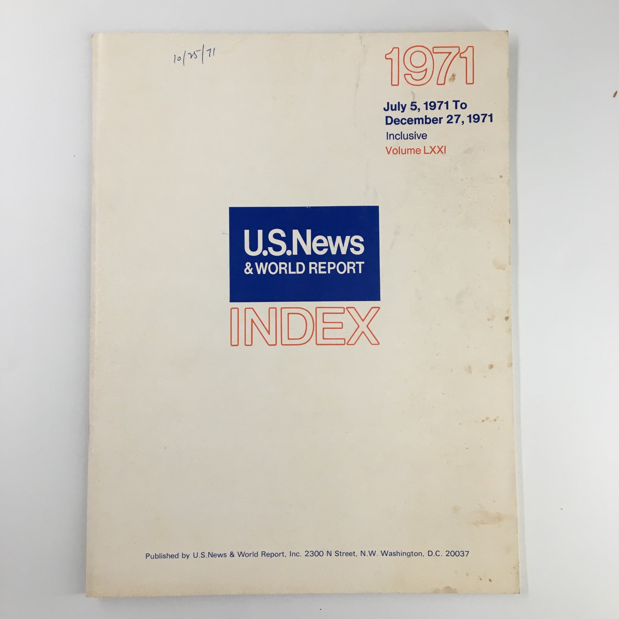 Cover of US News & World Report Magazine from July 5, 1971, featuring the title 'INDEX' and details of volume LXXI.