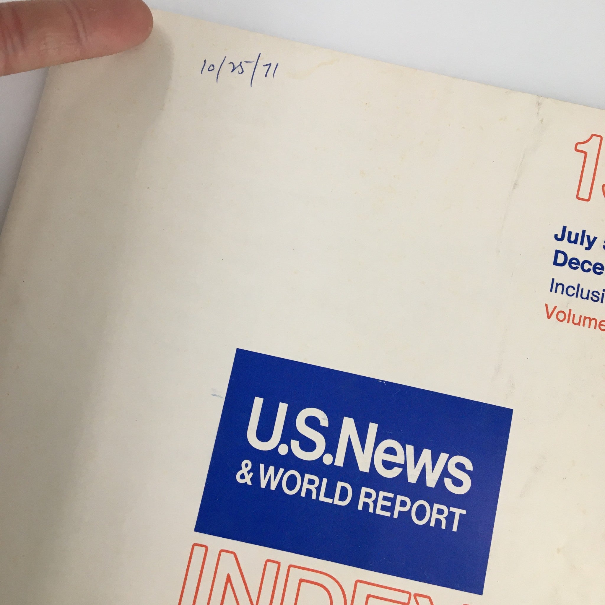 Close-up of the top of the cover of US News & World Report Magazine July 5, 1971, highlighting the title 'INDEX' and the date handwritten on the cover.