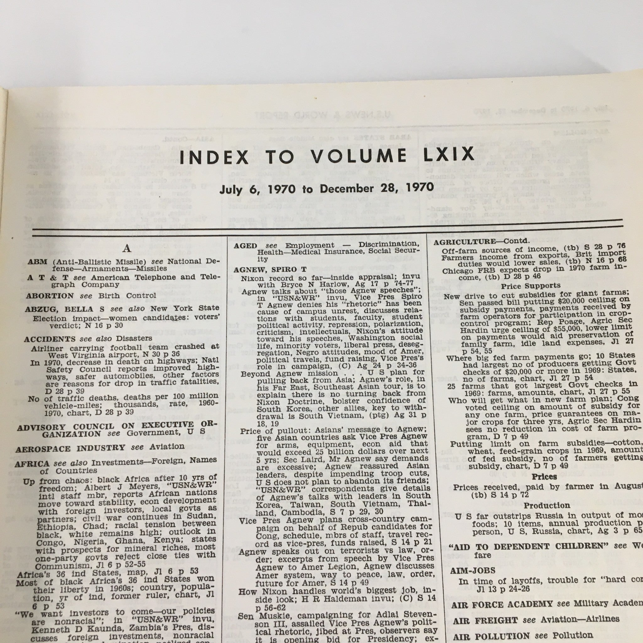 Interior page of US News & World Report Magazine July 6, 1970 Index to Volume LXIX, displaying the index for articles and topics covered between July 6 and December 28, 1970.
