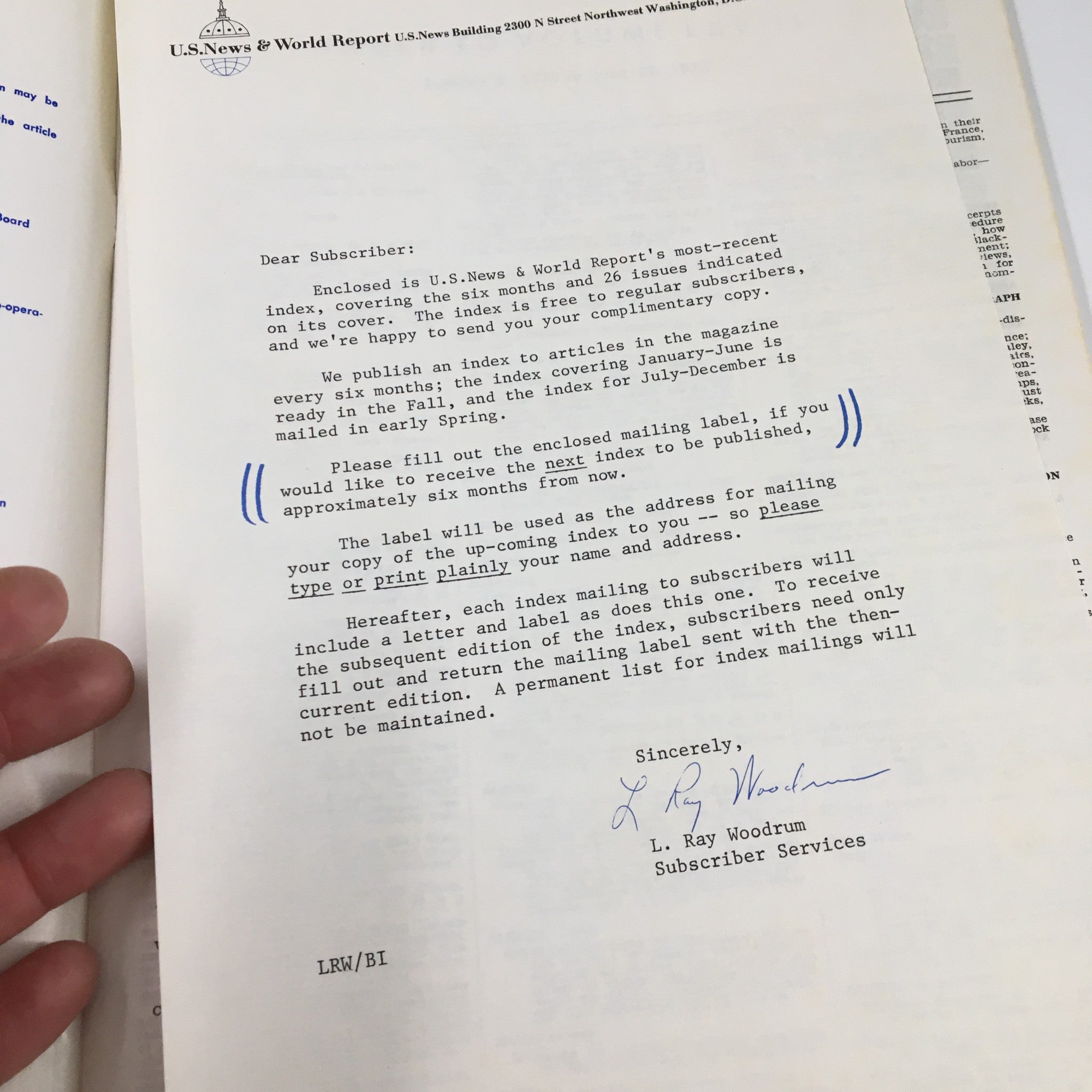 Subscriber letter from US News & World Report Magazine, detailing subscription information and mailing instructions, dated January 5, 1970.