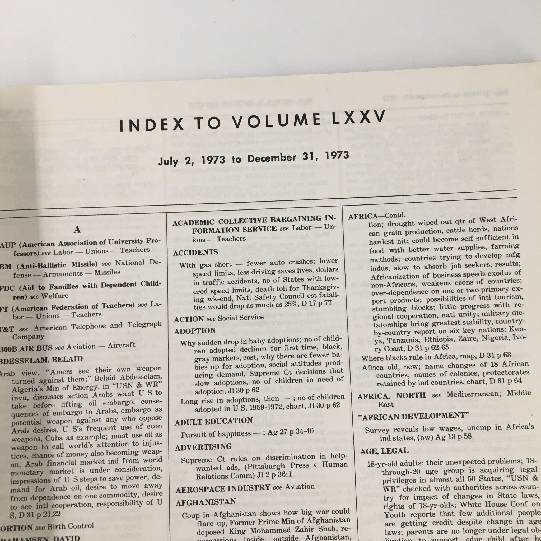 Interior page of the US News & World Report Magazine July 2, 1973, displaying the Index to Volume LXXV, outlining key topics and events from July to December 1973.