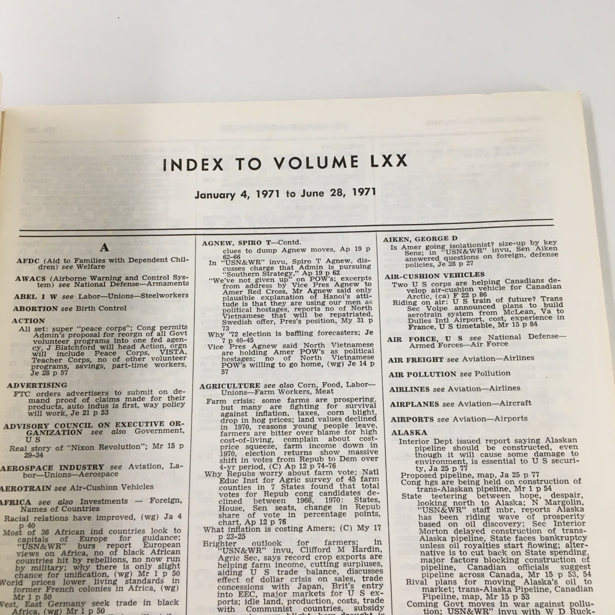 Interior page of the US News & World Report Magazine January 4 1971 showing the detailed index to Volume LXX.